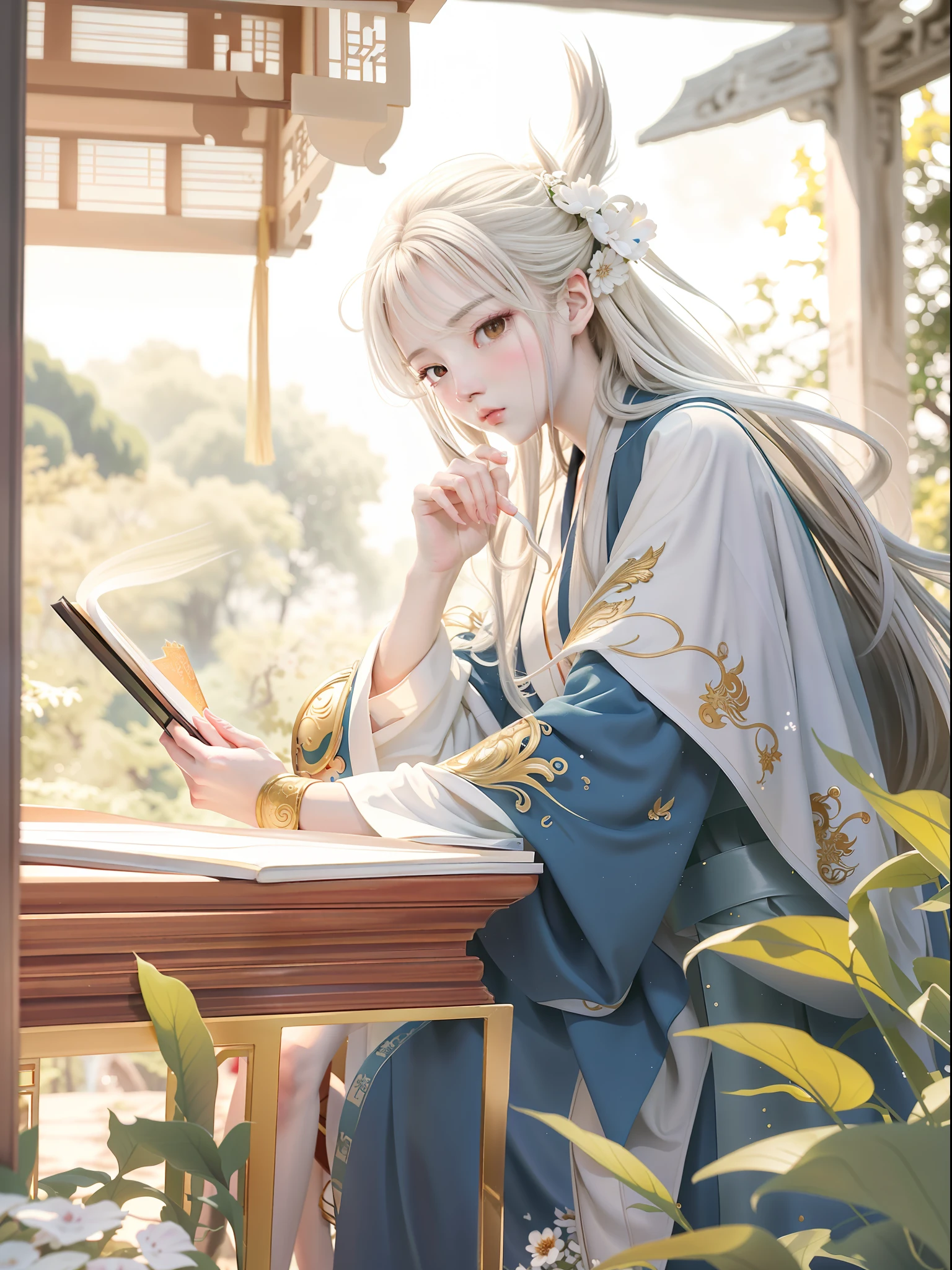 (Clear beauty + clear transluciency + high quality) anime girl holding a book, (beautiful character painting + flowing hair and robes), (Guwitz + Kurose Jinyao + Guwiz style) artwork. In a picture surrounded by Chen Lin, Ye Xin, the white-haired god, and Li Fangying, it shows an ancient and beautiful atmosphere.