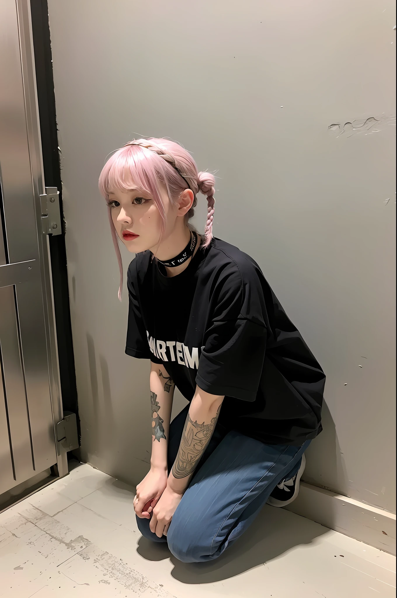 (8k:1.27), best quality, masterpiece, ultra highres:1.2), arrested lesbian goth delinquent girl with arm tattoos, tattooed girl, full body picture, blue oversized knotted prisoner t-shirt with black letters, short big sleeves, blue short inmate pants tied with a rope, dyed pink hair, short bob hairstyle, back pink bun, hair bangs, kneeling in a prison cell, handcuffed, hands tied with rope behind body, submissive neck choker and leash in neck, 4k or 8k picture, looking down sad, paisley bandana ribbon hairband, nose septum piercing, wearing dirty old clothes, smelly, barefoot, praying