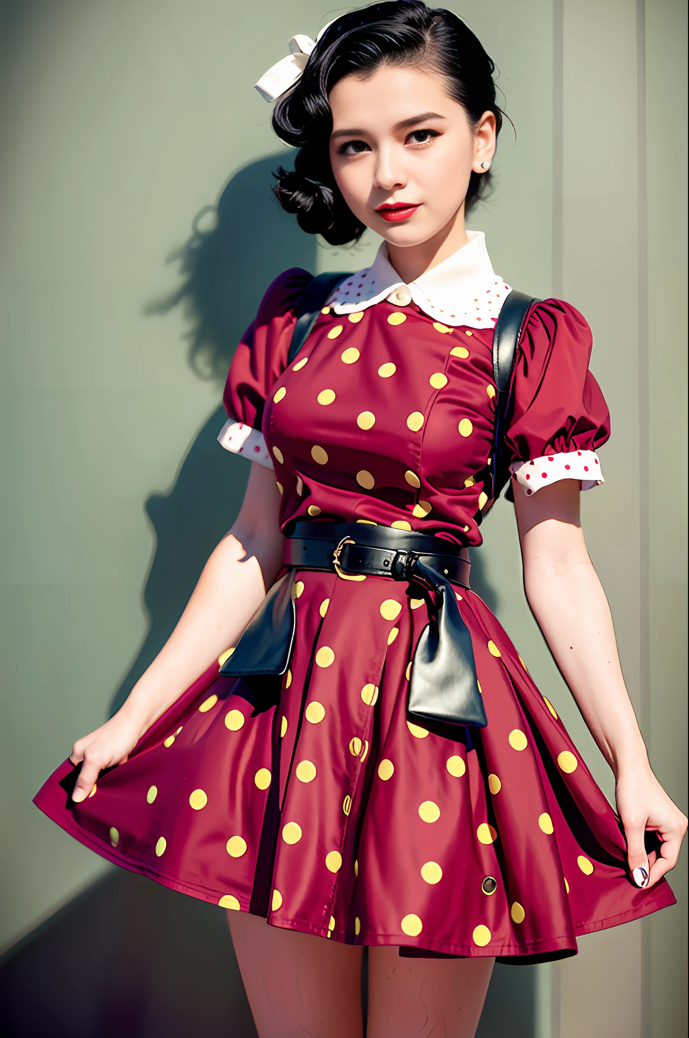 Rockabilly fashion, 50's American fashion, (masterpiece, top quality, highest quality, official art, beautiful and aesthetic: 1.2), (1 girl: 1.3), (rockabilly: 1.3), (18 years old Japan person: 1.2), rockabilly dress, white short-sleeved blouse, (red polka dot circular skirt: 1.3), porttail with large ribbon, bobby soxer, saddle shoes, Smile, long skirt, dancing, (Chevrolet Cadillac: 1.3), butt to the viewer