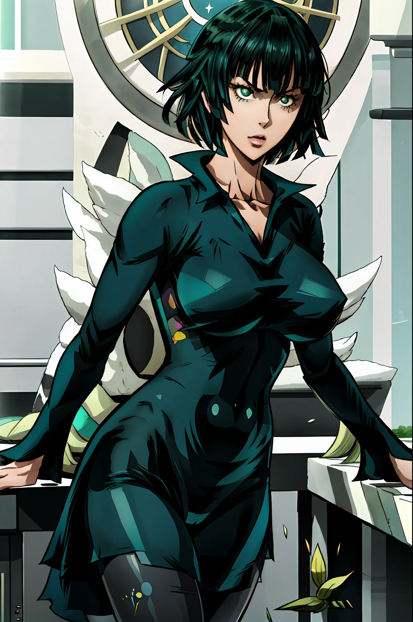 1girl, highres, sharp focus, pixiv masterpiece, ((intricate details)), highly detailed, one eye, detailed eyes, fair skin, short hair, fubuki from one punch man, fubuki, nobara,costume: sportswear, leggings, sports bra, joy ride style, ilya kuvshinov,Anime Moe Artstyle, Female anime character, Anime character,