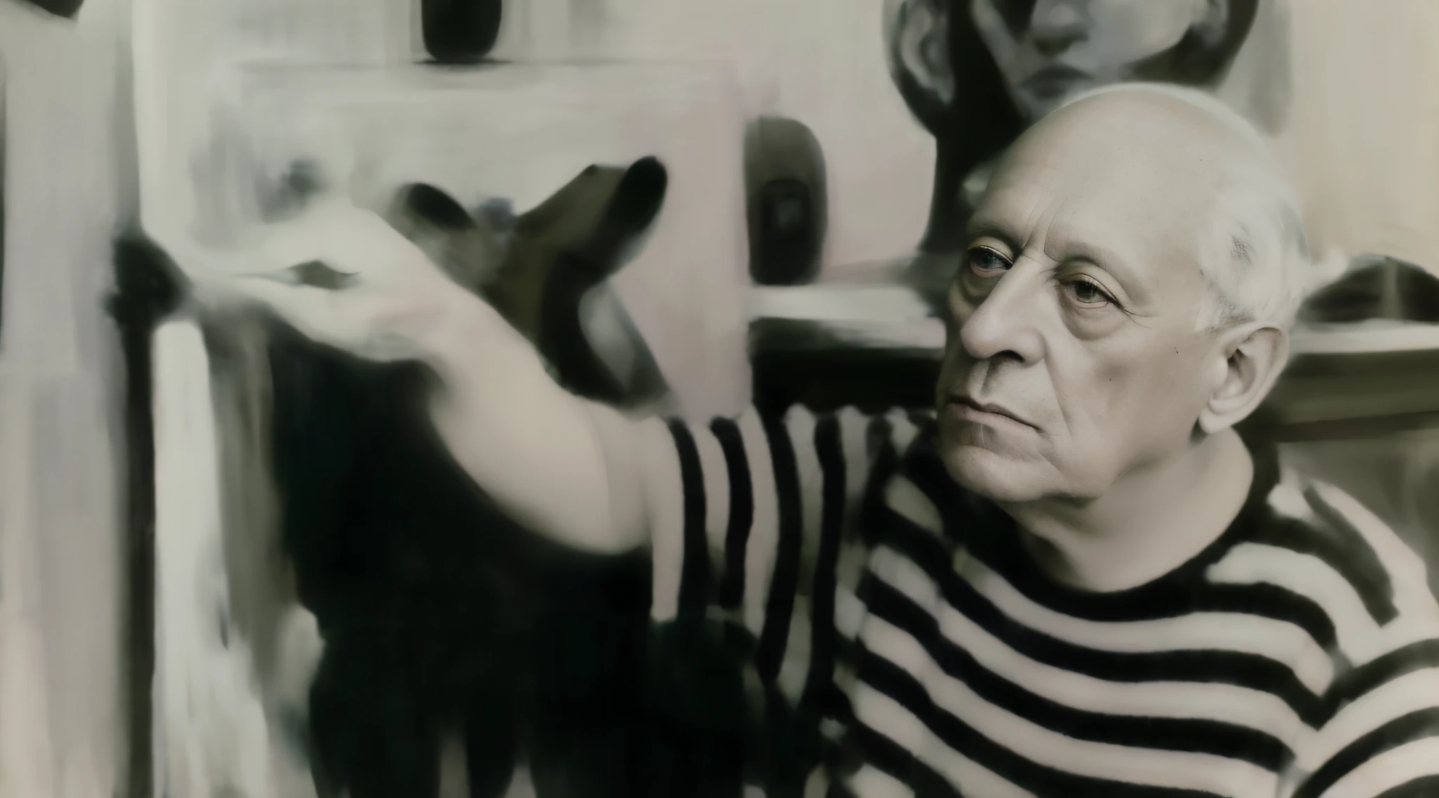 there is a man that is standing in front of a painting, pablo picasso and mark brooks, inspired by Anna Füssli, inspired by Lasar Segall, inspired by János Kass, photo taken from far away, photo portrait, pablo picasso painting, inspired by Hans Hartung, by Ludwik Konarzewski