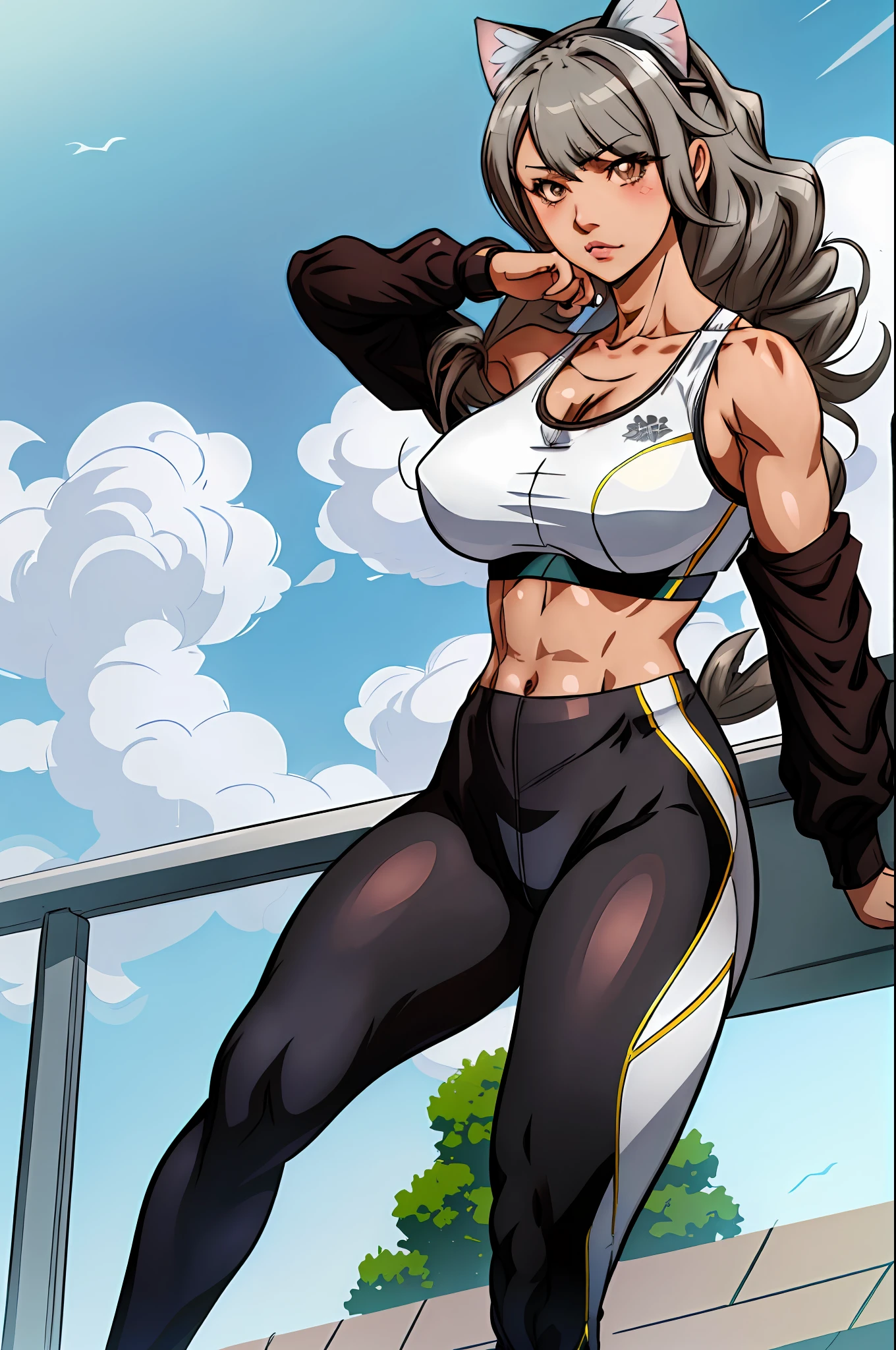 1girl, highres, sharp focus, pixiv masterpiece, ((intricate details)), highly detailed, one eye, detailed eyes, brown skin, gray hair, cat ears, muscular, costume: sportswear, leggings, sports bra, joy ride style, ilya kuvshinov,Anime Moe Artstyle, female anime character, anime character,