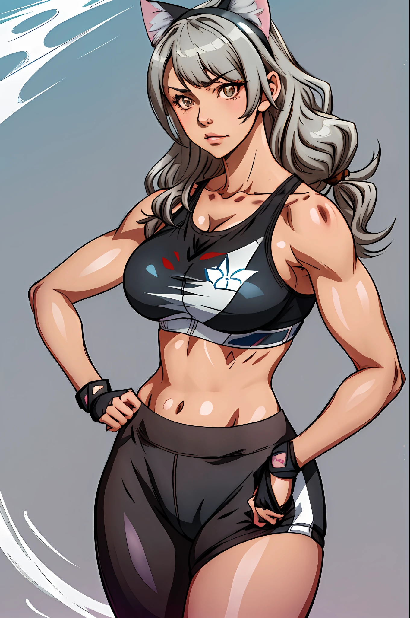 1girl, highres, sharp focus, pixiv masterpiece, ((intricate details)), highly detailed, one eye, detailed eyes, brown skin, gray hair, cat ears, muscular, costume: sportswear, leggings, sports bra, joy ride style, ilya kuvshinov,Anime Moe Artstyle, female anime character, anime character,