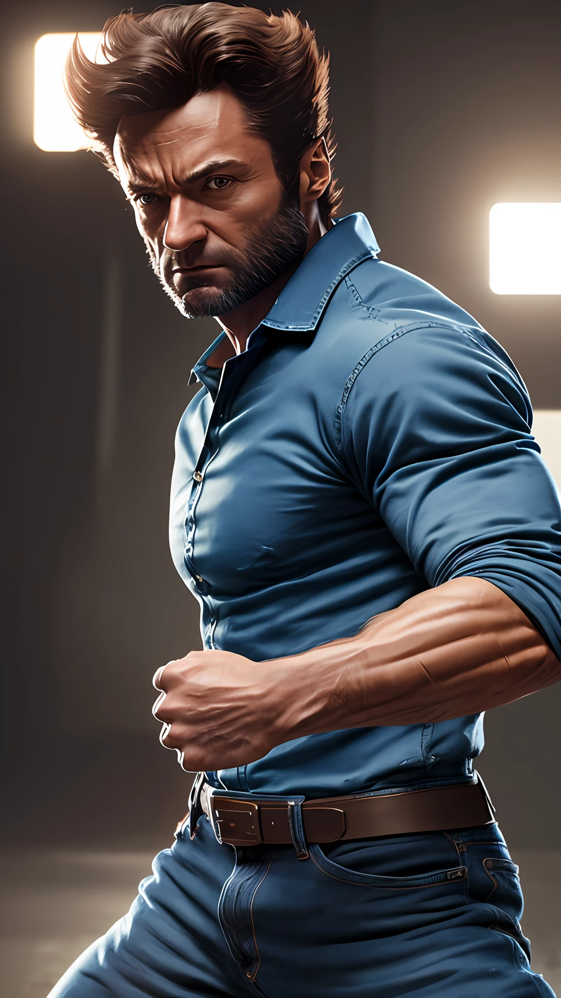 Wolverine, blue shirt, jeans, showing claws, dynamic pose, photography, soft lighting, soft details, octane, artstation trend, ultra high detail, ultra realistic, cinematic, 16k