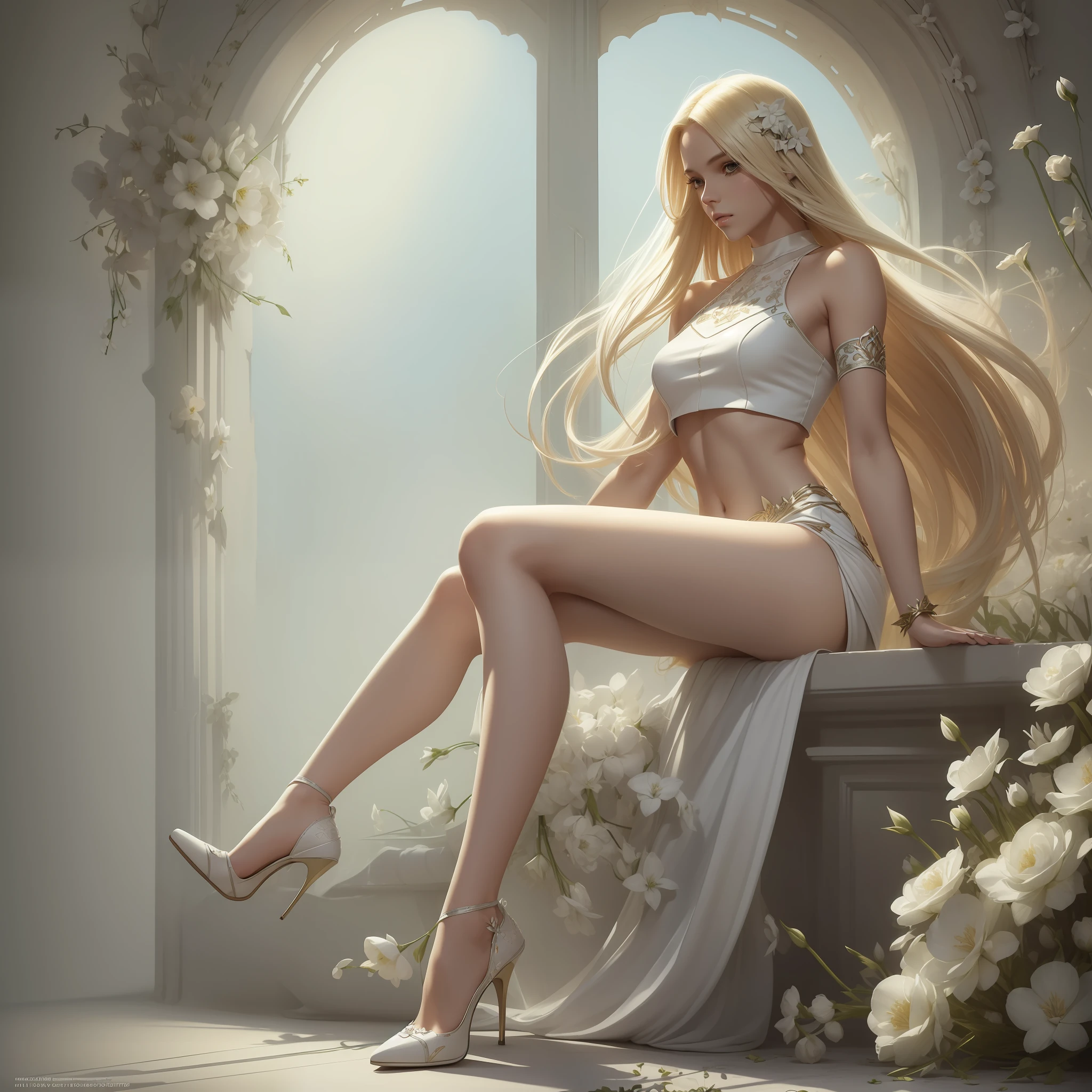 (Artstation,fantasy art:1.1), A beautiful girl, long blond hair, (fiber white crop top, dress, heels:1.2), flowers background