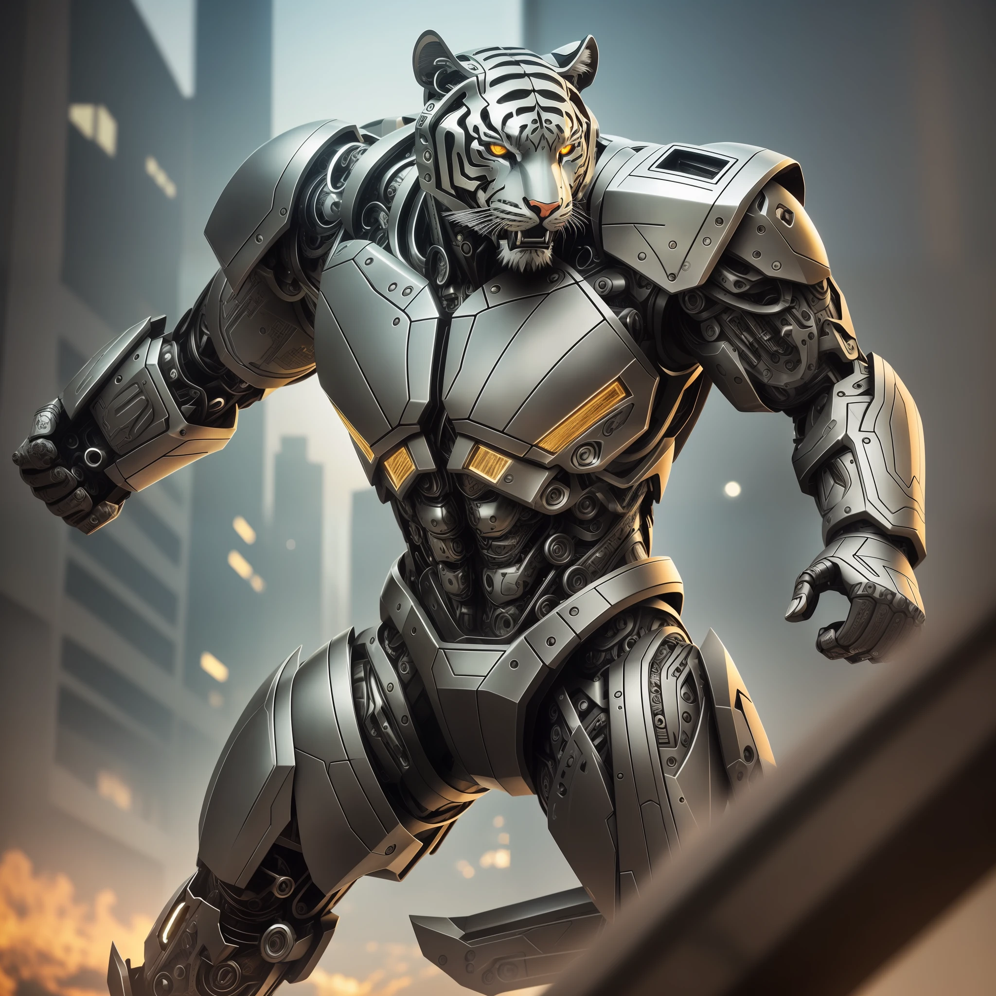 A tiger made of metal, (cyborg: 1.1), ([metal tail | Intricate metal blade]: 1.3), (intricate detail: 1.2), HDR, (intricate detail, hyperdetail: 1.2), cinematic shot, vignette, centered