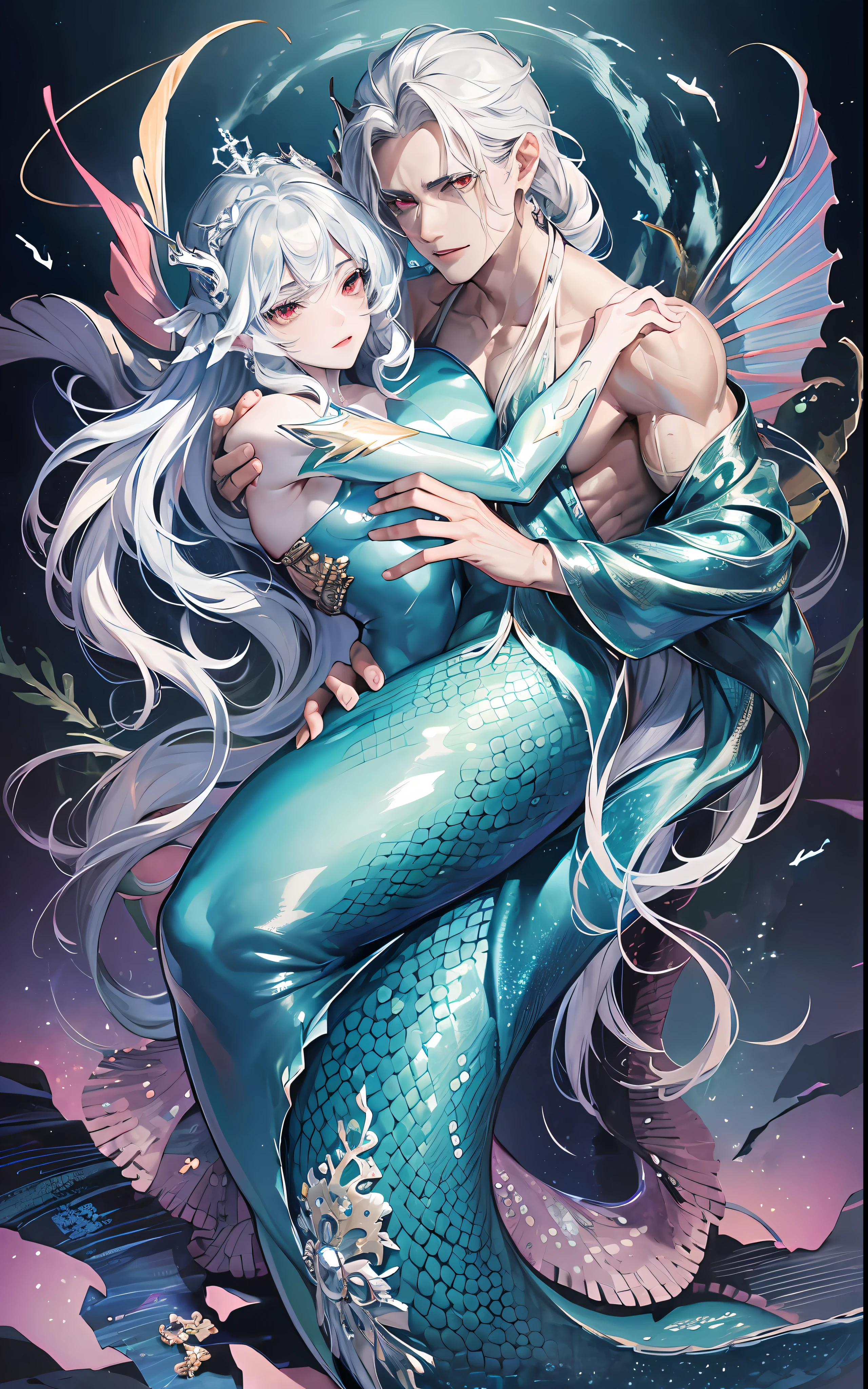 (man hugging a black-haired girl), long dress girl, masculine man, masculine face, attractive, muscular, (((1man))), masterpiece, absurdres, best quality ,intricate details, ((((full body)))), (shiny skin, shiny body, shiny oily luster skin, shiny hair, pale skintone), Sundown, attractive, ((muscular)), adult, one, earrings, Don't look at the view , Not looking at the view, silver hair man, braided hair man, perfect detailed face, perfect detailed hands, triton, fins, red eyes, triton ears, smirk, marine sea ornaments, open chest, ((long mermaid tail)), no legs, under the sea, fishes, masculine features, masculine face, (((night))), moonlight, darkness, dark light, character seen from afar