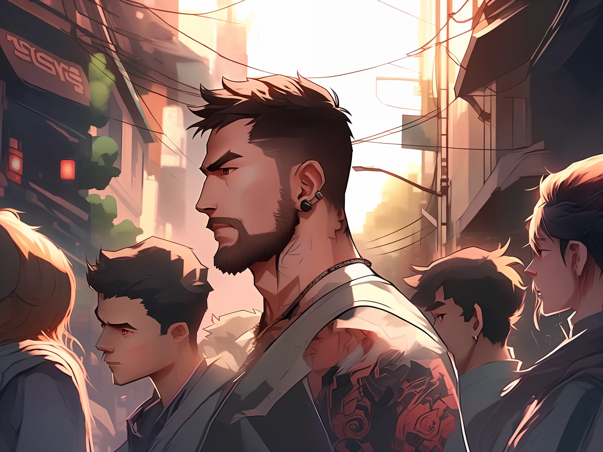 there is a man with a beard and tattoos standing in a crowded street, rossdraws 1. 0, rossdraws 2. 0, rossdraws global illumination, artwork in the style of guweiz, ross tran style, anime handsome man, rossdraws portrait, rossdraws volumetric lighting, rossdraws 2. 5, :: rossdraws, kawacy