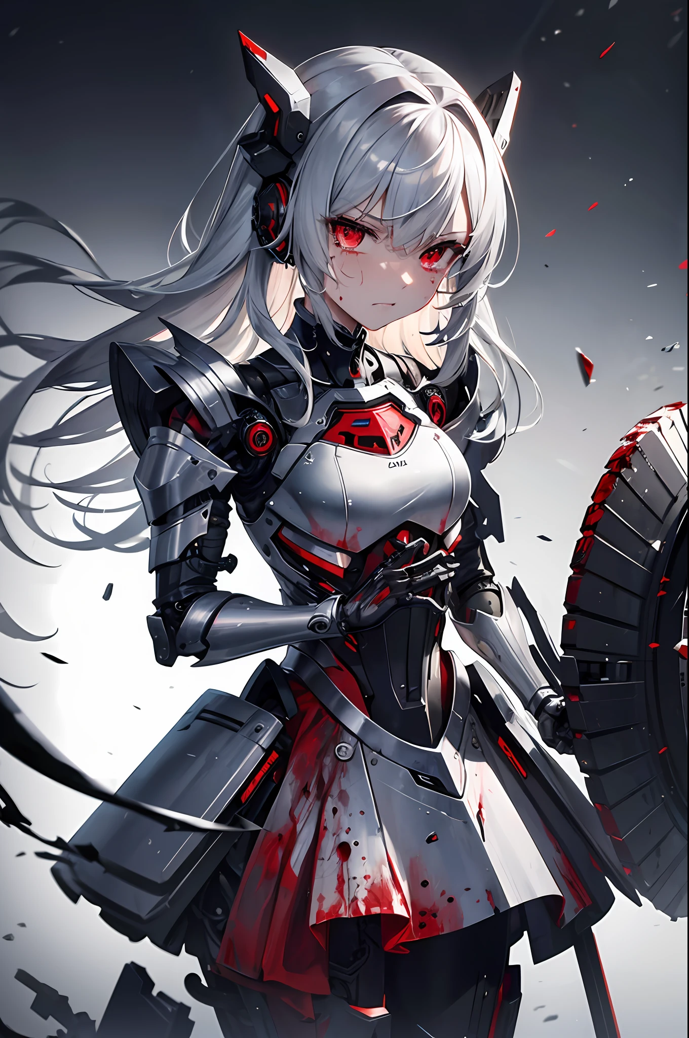 Top quality, masterpiece, super detailed, very delicate 8k wallpaper, dramatic lighting, mechanical girl, gray hair, broken headgear, (broken exoskeleton suit), mechanical joints, broken mechanical limbs, angry, cracked armor, one eye is torn off, (serious damage: 1.5), dirty, one eye burns red, wires stick out, internal mechanisms are visible, (bloody tears:1.4)、