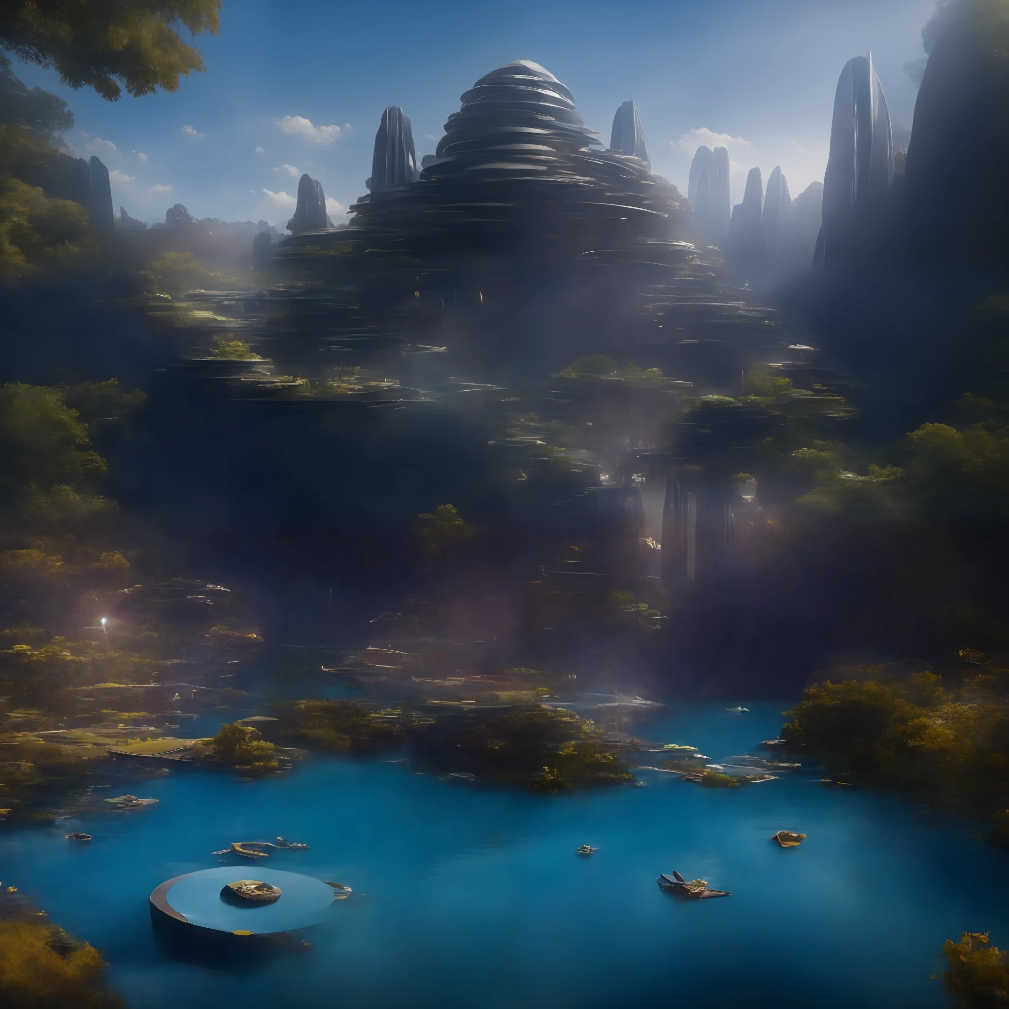 modern futuristic design large hindu temple with lots of Bell's, sacred design in the rocks, a artificial waterfall and a pond with colorful flowers in the middle, nature meets architecture, built around blue pond, realistic beehive architecture, organic architecture, very close to real nature, breathtaking render, temple with cave, stunning architecture, luxury architecture, realistic fantasy render, by Zha Shibiao, epic and stunning, architectural visualization, epic architecture, concept art. 8 k