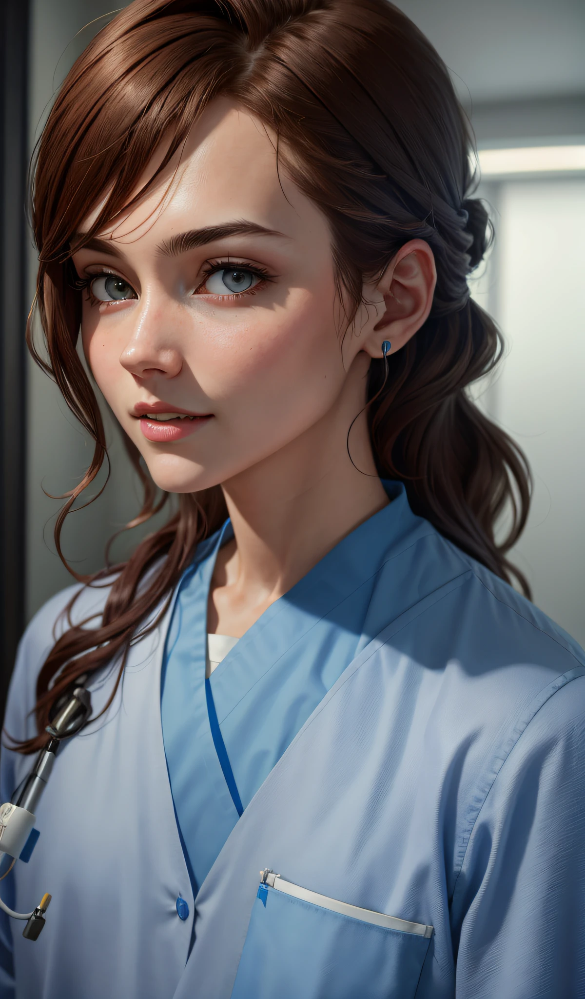 4k, realistic, very detailed, dentist, blue theme, soft clothes, brown hair, in a doctor's gown