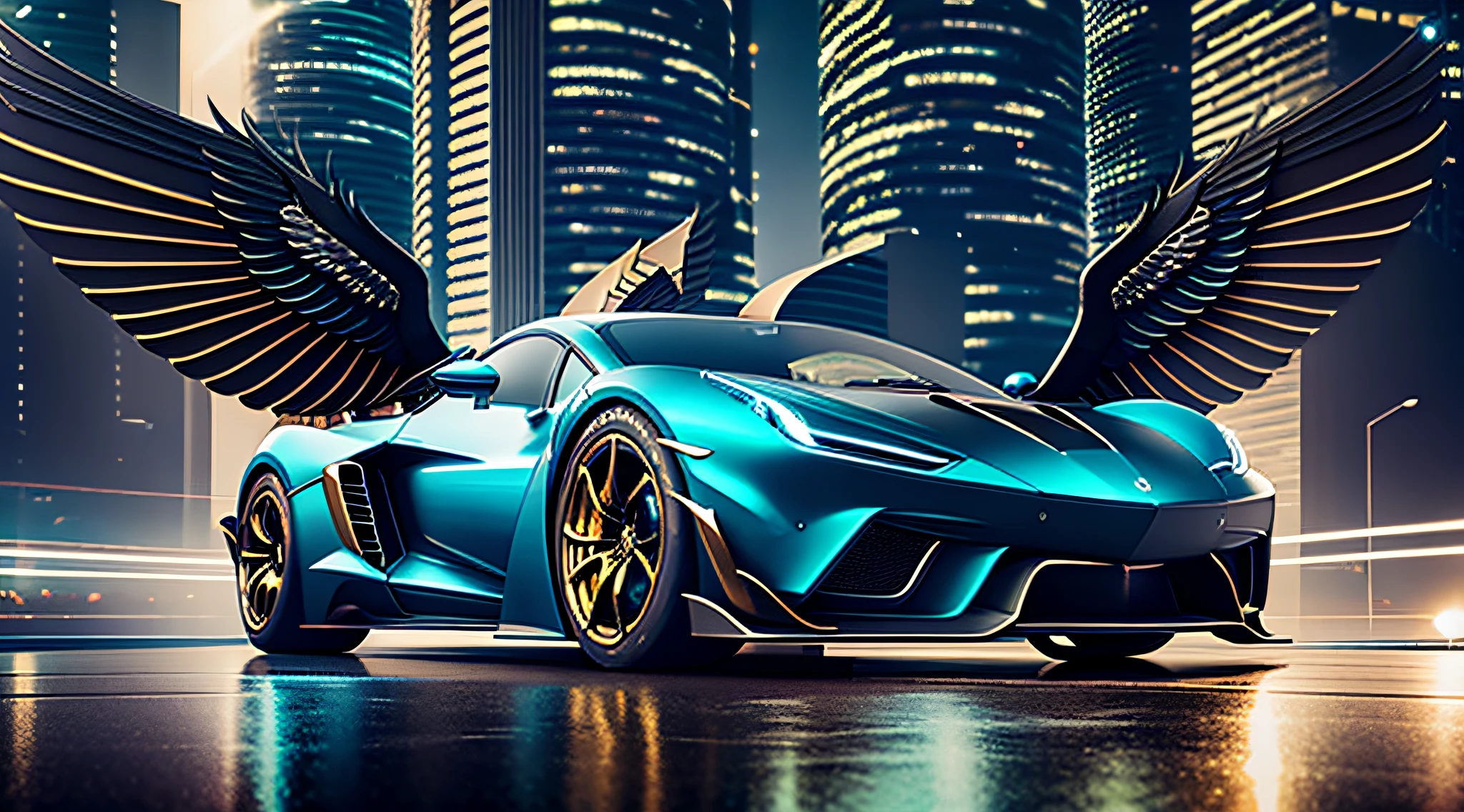 steampunk style, cool tones, cinematic effects, motion photography, Fujifilm, long exposure, futuristic black gold supercar, sports car flanked by metallic wings, wings are feathers, wings have ambient lights, blue flames erupting from the tail, ambient lights, surreal sci-fi city in the background, aesthetic, 8K, top painting, concept art, epic composition, with HD details, metallic texture and tension composition, hyper-realistic, ultra-realistic, rich in detail, 3D,