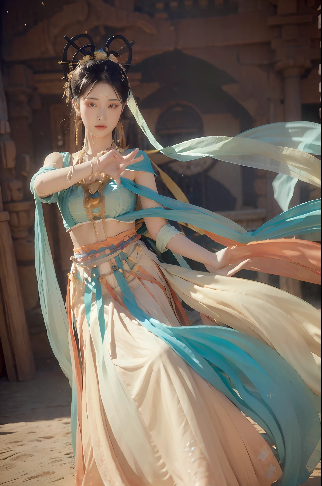 (8k, RAW photo, best quality, masterpiece:1.2), (realistic, photo-realistic:1.4), (extremely detailed CG unity 8k wallpaper), 1 girl solo, dance, dunhuang_dress, dunhuang_style, dunhuang_background,