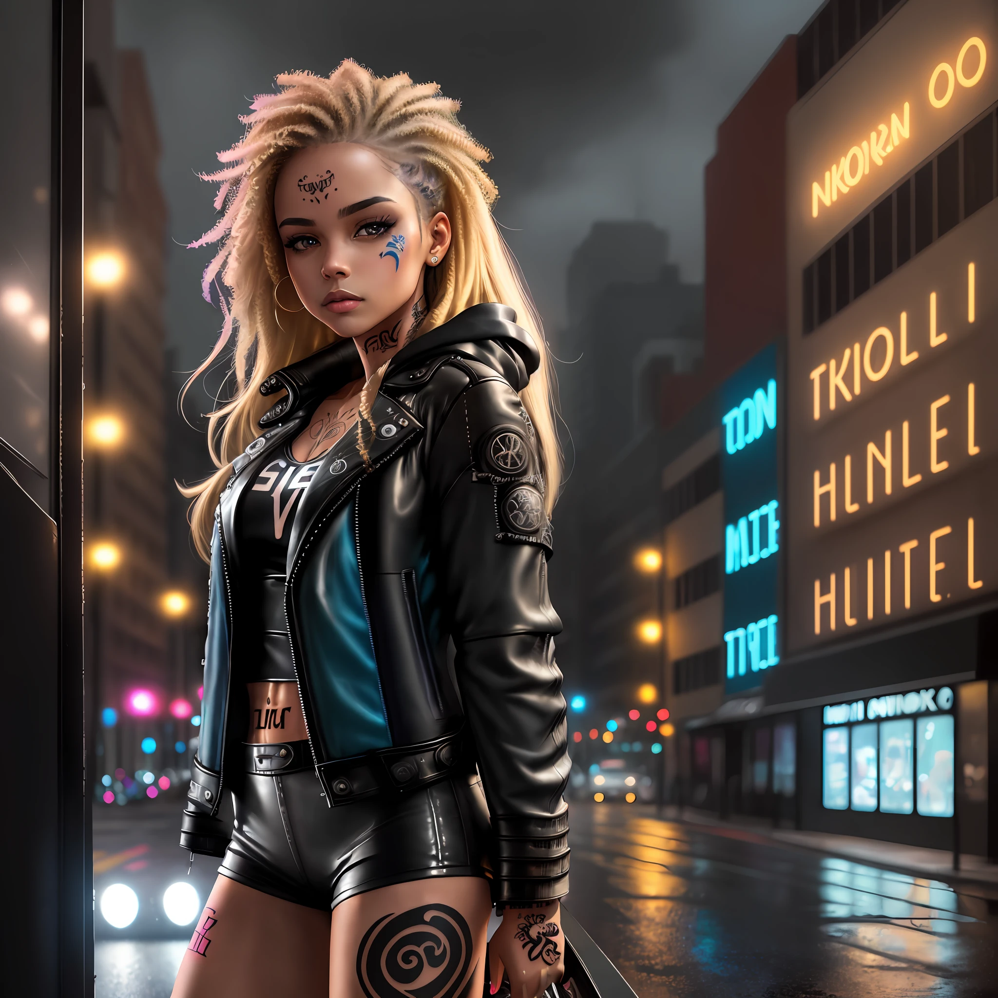 Mulatto young woman at night in the rainfall, full-length portrait, (top face:1.5), (fitness body:1.5), (blonde straight hair: 1.8), the city in neon light, bokeh, detailed symmetric big doll's eyes, smoky eyes, (leather jacket:1.6), extra small shorts, (tattoo:1.5), blue smoke, blue countour light, glamour makeup, contrast lighting, Detailed Splash Art, Triadic Color Trend, dark style, High resolution, Nikon 15mm f/1.8G, by David Walker octane rendering depicting innovation and truth, 8k, by David Walker, glamour, intricate detailed environment, smudges , depth