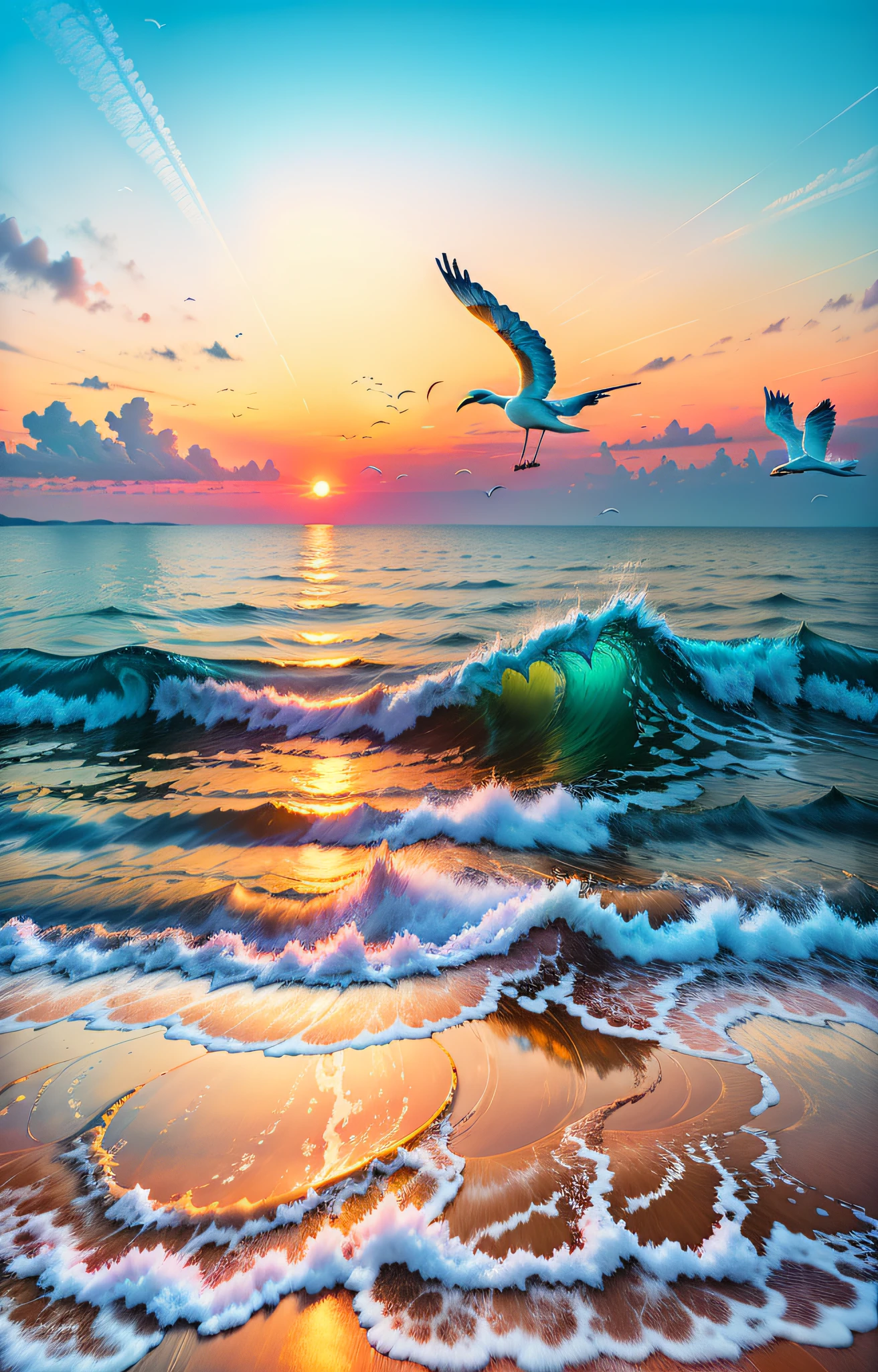 (Stunning Nature Picture: 1.2), (Harmony Style: 0.95), (Layered: 1.3), (Romantic Sunset: 1.2), (Clear Waves: 1.1), (Tranquil Beach: 1.1), (Action: 1.15), (Colorful Birds Soaring High: 1.1), (Gently Swaying Coconut Trees: 1.1), (Calm Atmosphere: 1.1).