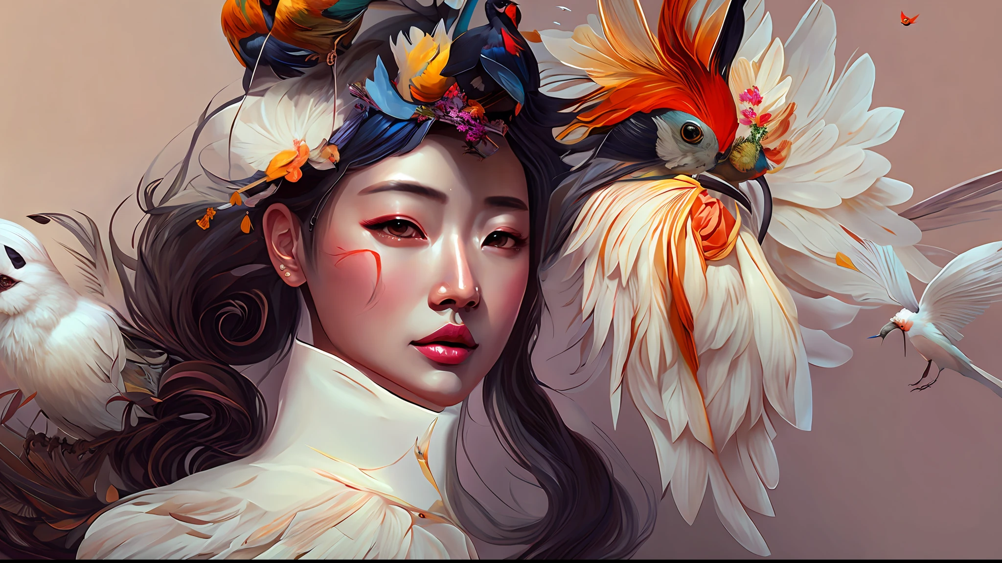 painting of a woman with a bird on her head and a bird on her head, exquisite digital illustration, beautiful character painting, a beautiful artwork illustration, by Li Song, beautiful digital artwork, by Yang J, by Chen Lin, wlop and ross tran, artgerm and ruan jia, artgerm and atey ghailan, by Zeen Chin