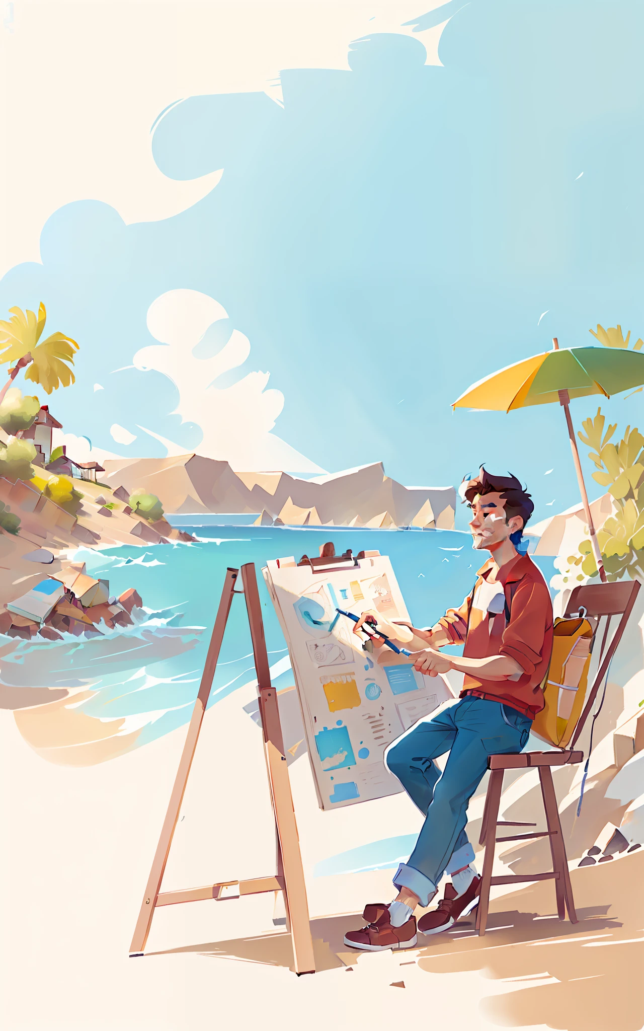 By the sea, in bright sunshine, painting of a man sitting in a chair under an umbrella, contour sketch, line sketch, artist sketch, rough sketch, digital sketch, sketch illustration, care on art station, fine art sketch, master drawing, concept art sketch, detailed but rough, digital drawing, sketch, contour drawing, art sketch, impressionist sketch, traditional painting style, simple sketch, sketch