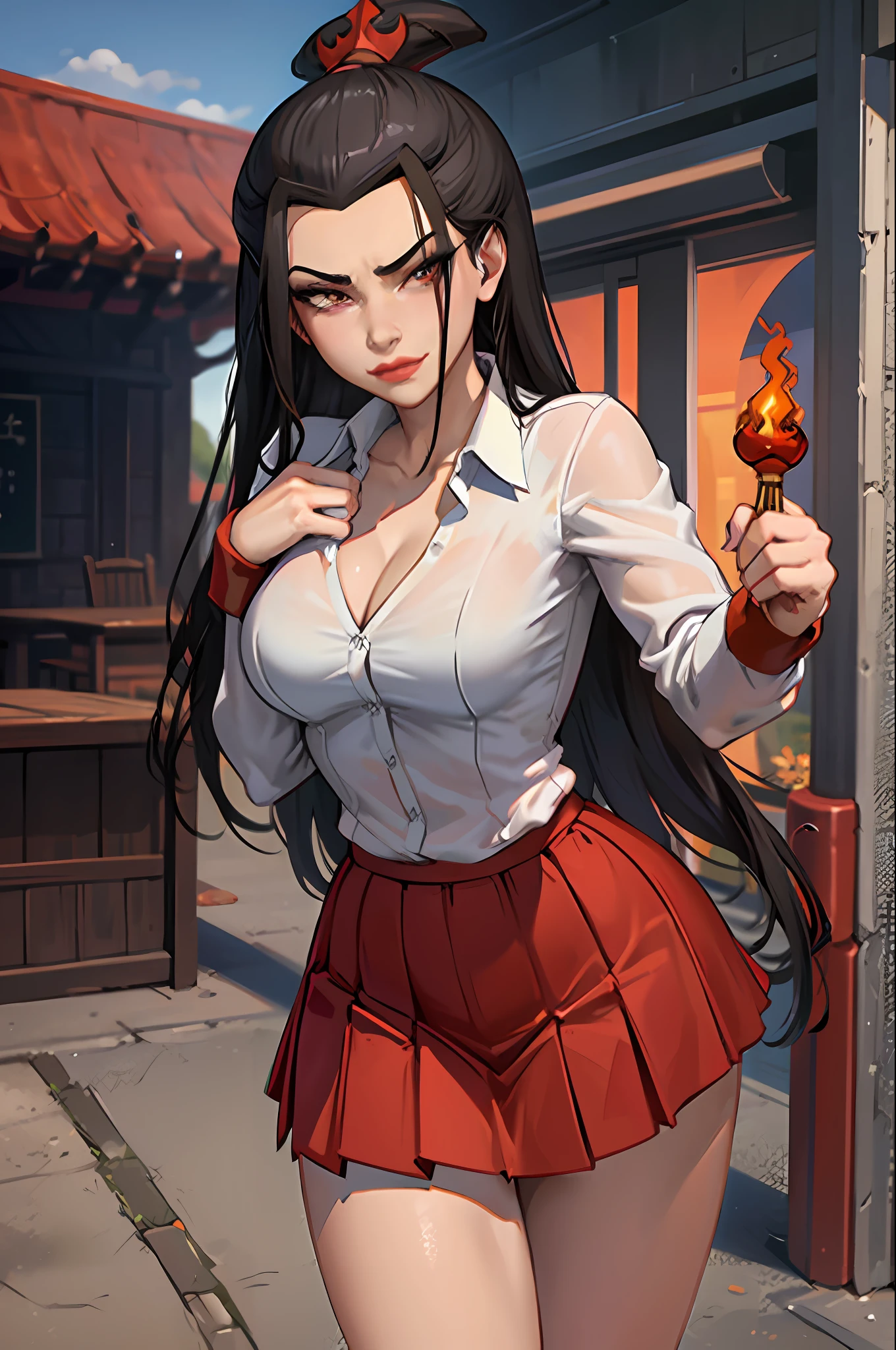 Masterpiece, Best Quality, Solo, 1girl, azula, closed mouth, smirk, makeup, cleavage, (white shirt, miniskirt), wide hips, ass, big ass. standing, legs apart, lipstick, looking at the viewer, fire, simple background, erotica, gyaru, schoolgirl-whore