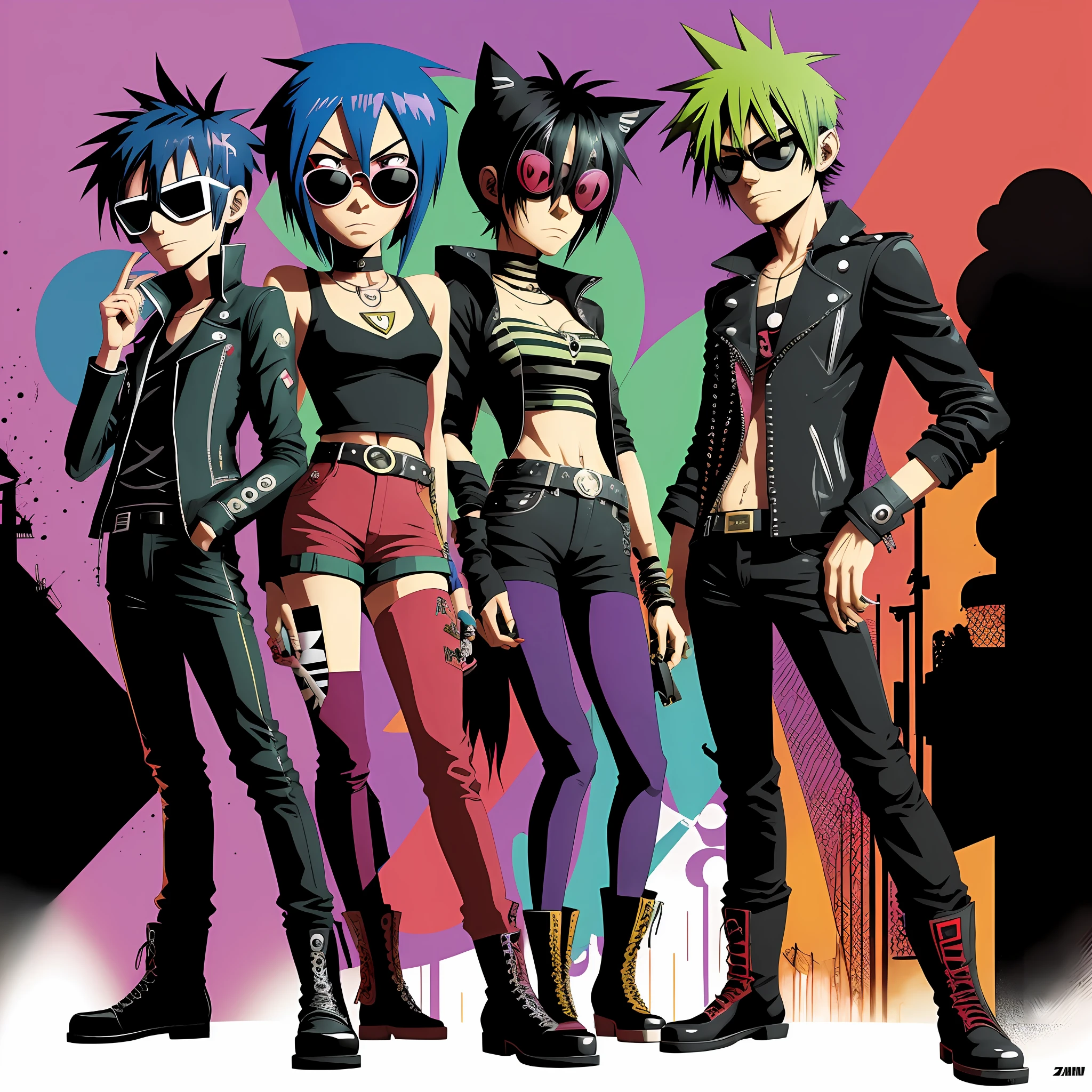 5 gothic characters 2 women 3 men with colorful hair and different sunglasses standing, gorillaz art, gorillaz, gorillaz 2 d, gorillaz style, gorillaz phase 1, gorillaz album cover, gorillaz and daft punk records, murdoc niccals, anime 2 d, by Jamie Hewlett, jamie hewlett art, 2d anime style, inspired by Jamie Hewlett --auto --s2