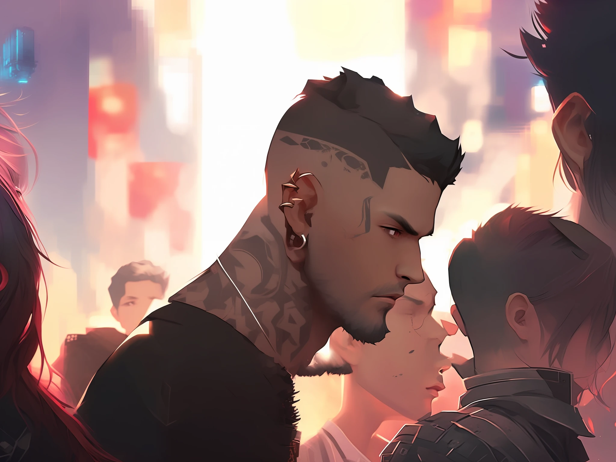 there is a man with a tattoo on his head and a man with ear piercings, ross tran style, artwork in the style of guweiz, in the style of ross tran, detailed punk hair, rossdraws volumetric lighting, striking detailed artstyle, inspired by Ross Tran, realistic artstyle, ross tran!!!, low detailed. digital painting