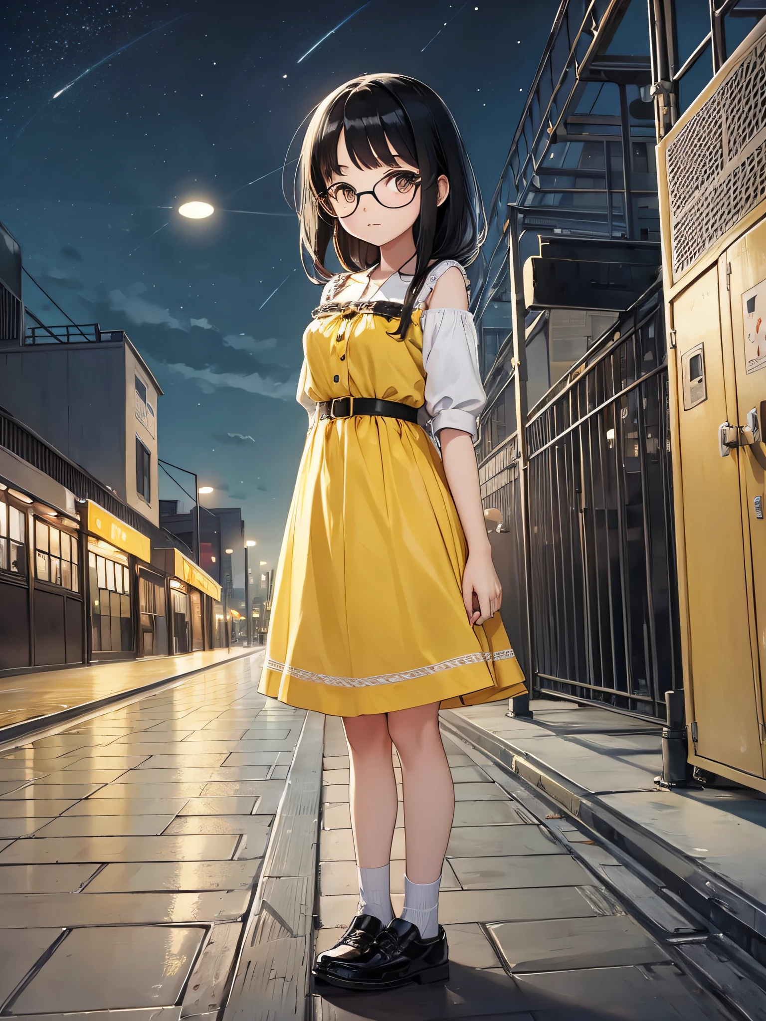 Yellow dress, glasses, black hair, , girl, big eyes, illustration style, full body, waiting for mother at the station, 22 o'clock at night