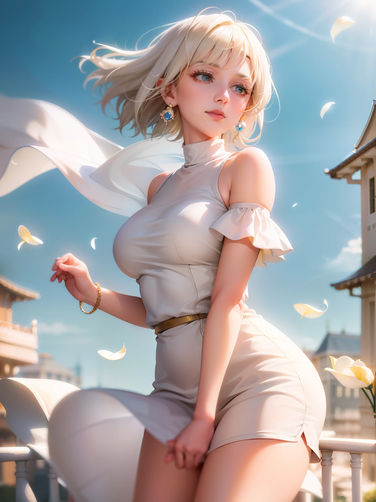 Mature girl , yellow-white hair color, floating hair, delicate and smart eyes, low-cut outfit, big breasts, wearing pearl earrings, FOV, f/1.8, masterpiece, European city architecture, blue sky, petals flying, front portrait shot, Chang'e, side light, sunlight shining on people