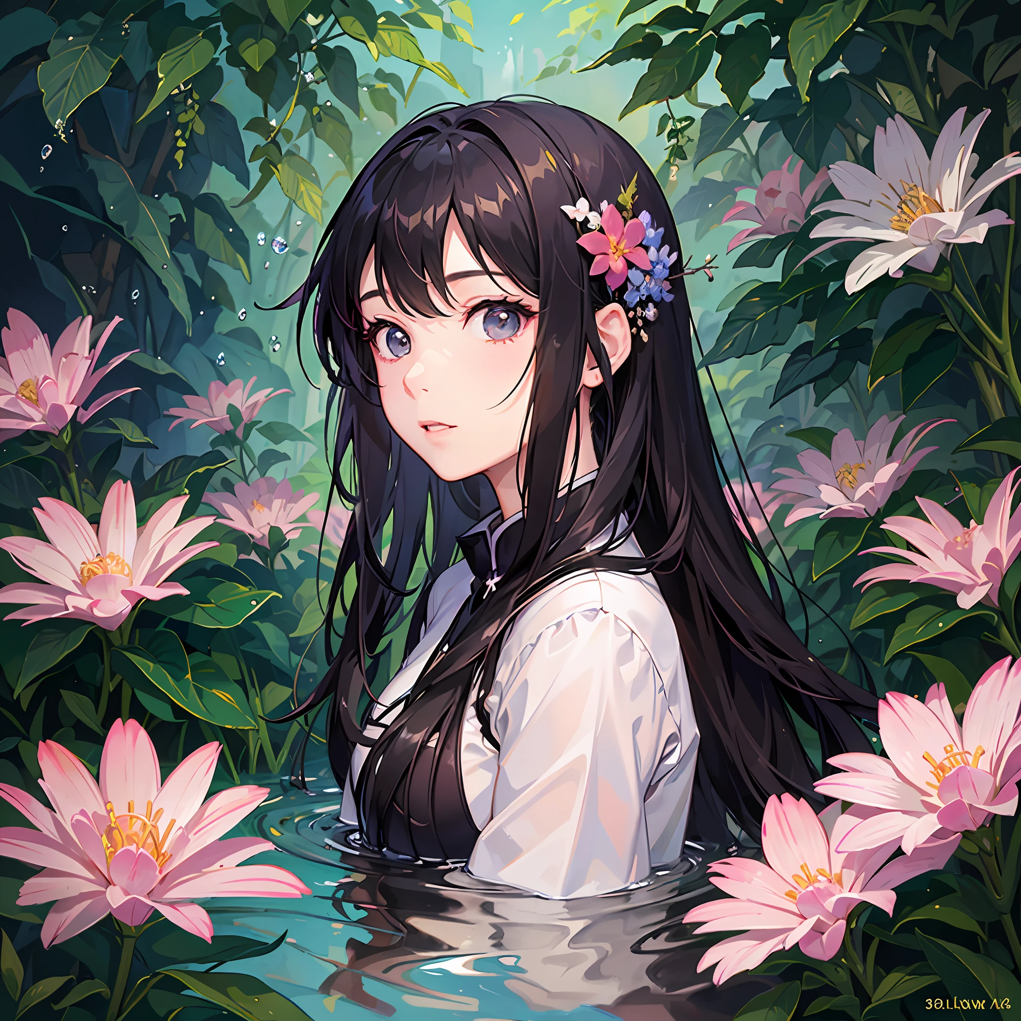 An 18 year old Chinese girl surrounded by
water in a sea of flowers.The overallpictureis
beautiful and dreamywith glass colorintricate
and extreme realismsurrealist and new
Impressionist realistic style,photography
foreground and distant movie style facial focus focal fantasy engine,fantastical sky garden with extreme details,ultra-high definition，8k--ar3:4--q2--s750--v5.1-styleraw --auto --s2