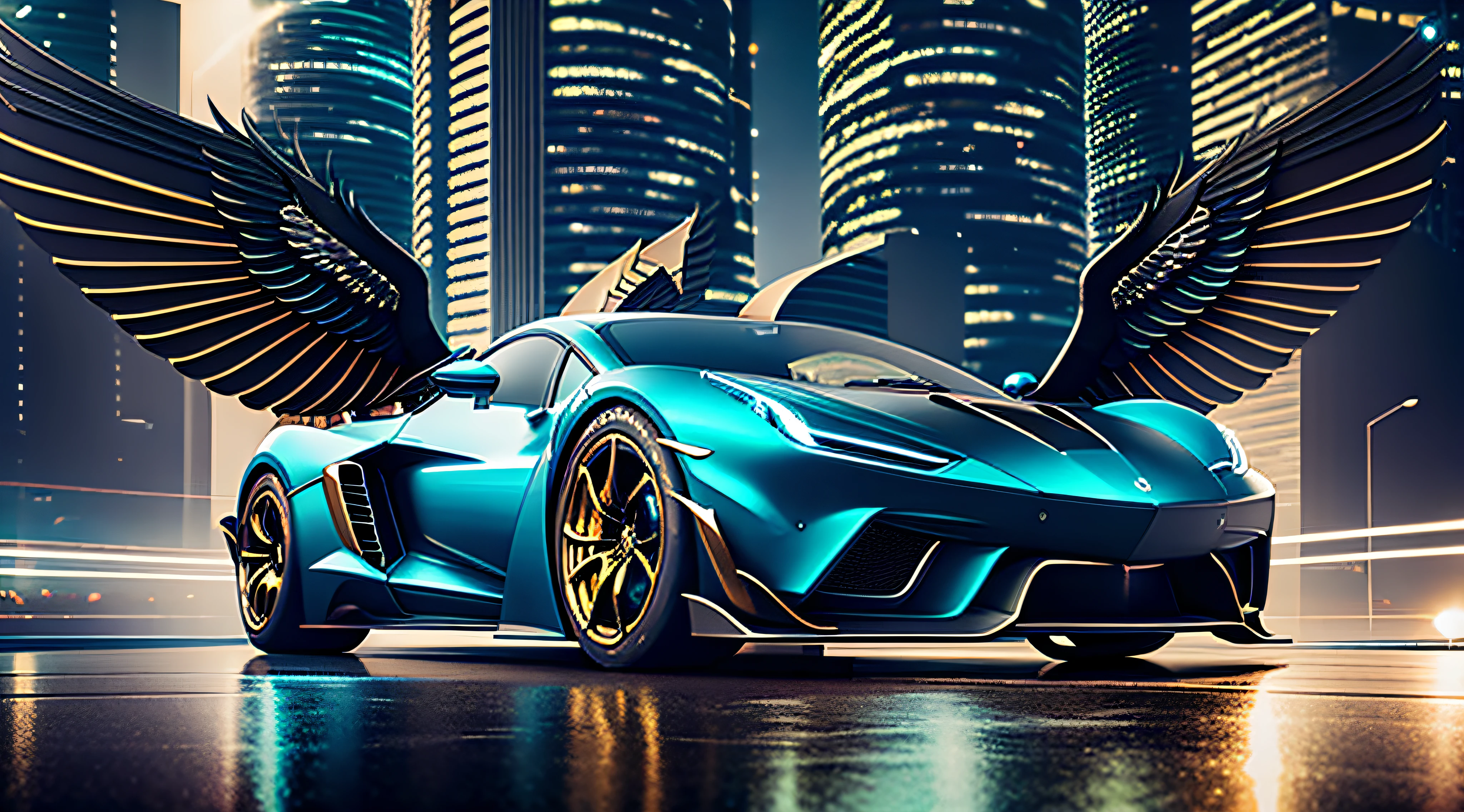 steampunk style, cool tones, cinematic effects, motion photography, Fujifilm, long exposure, futuristic black gold supercar, sports car flanked by metallic wings, wings are feathers, wings have ambient lights, blue flames erupting from the tail, ambient lights, surreal sci-fi city in the background, aesthetic, 8K, top painting, concept art, epic composition, with HD details, metallic texture and tension composition, hyper-realistic, ultra-realistic, rich in detail, 3D,