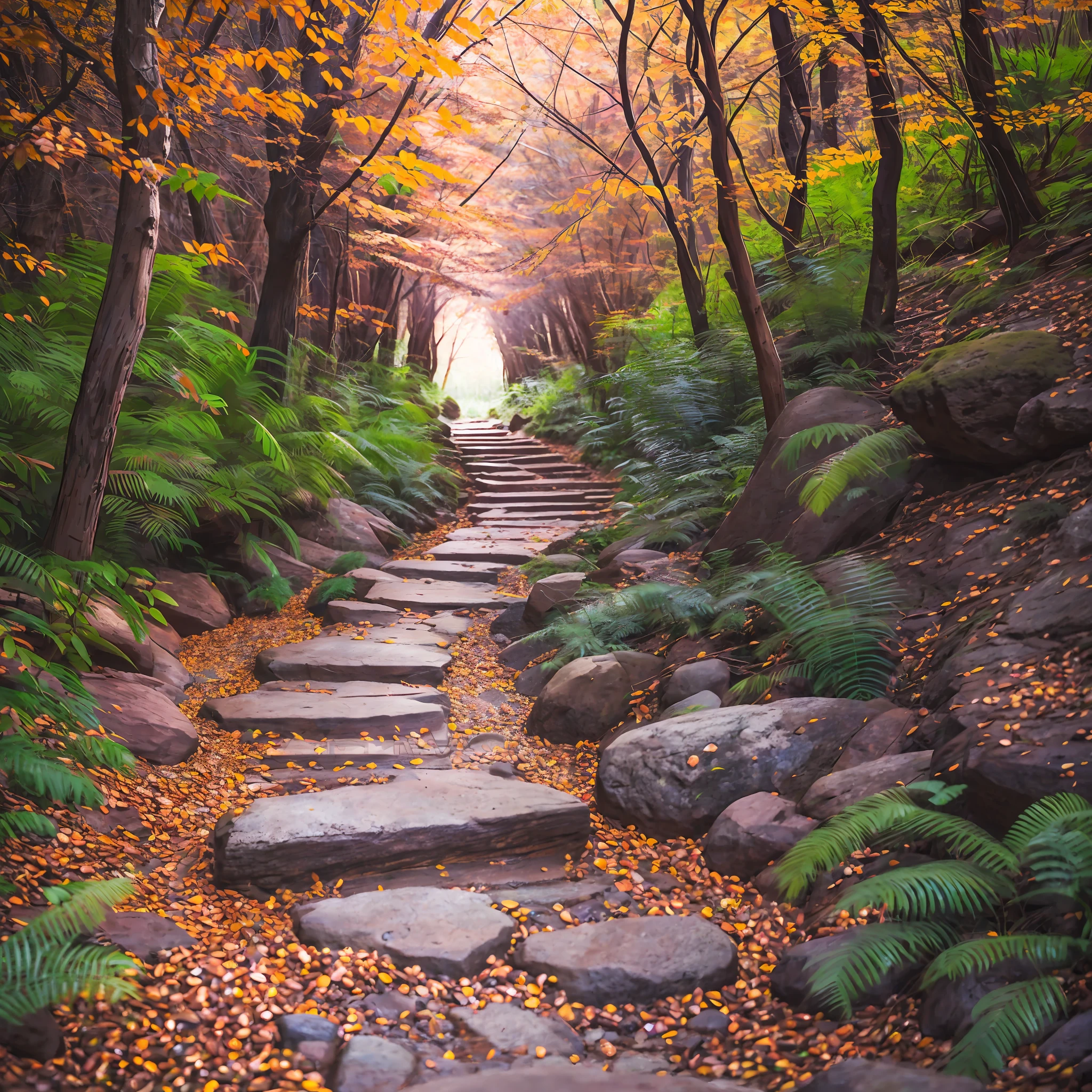 A narrow path of red earth, a path of stones in the creek, a wooden path in the forest - each leading to the same destination. The scene is painted in warm, earthy tones, evoking a sense of adventure, progress and discovery. --auto --s2