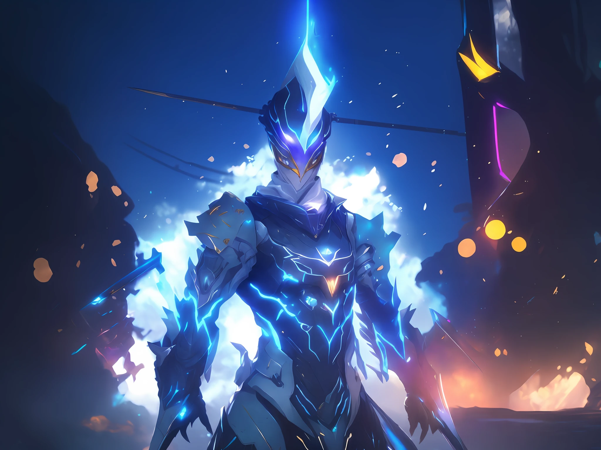 anime character with a blue and white outfit and a sword, warframe infested art, warframe art, high quality warframe fanart, iconic character splash art, character splash art, warframe fanart, wallpaper splash art promo art, exquisite warframe fanart, official splash art, warframe destiny art, detailed warframe fanart, neon glow concept art, hyper concept art