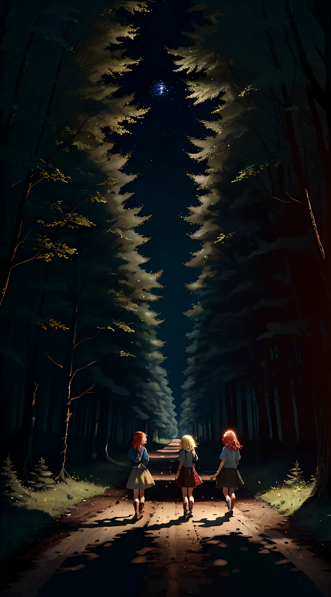 3 beautiful girls, blonde and brown and red hair, walking in the forest, rural dirt road, crossroads, empty street, full moon, night, 0h, cozy, little deluninated, intricate, hyperdetailed, realistic, ultrarealistic, high quality, best, ultra detail, crazy detail, extremely detailed, photo realism, 8k uhd