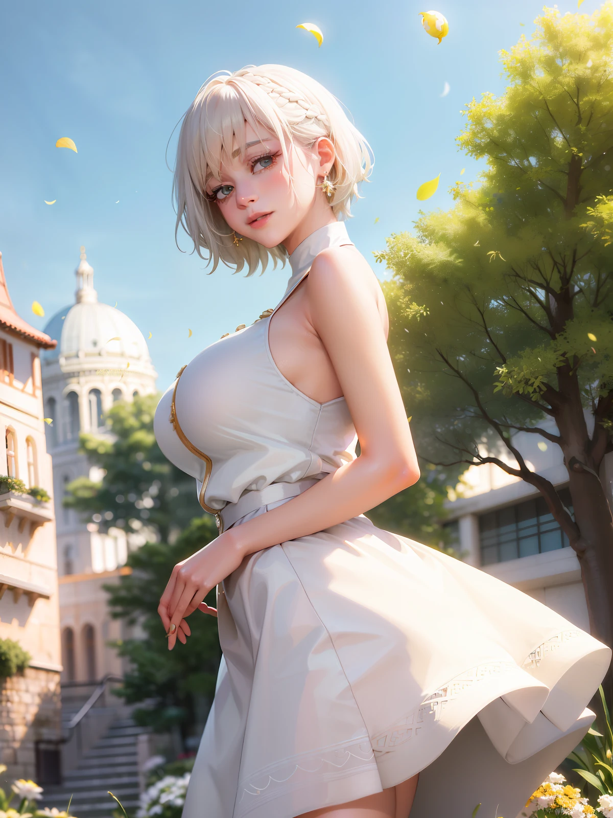 Mature girl , yellow-white hair color, floating hair, delicate and smart eyes, low-cut outfit, big breasts, wearing pearl earrings, FOV, f/1.8, masterpiece, European city architecture, blue sky, petals flying, front portrait shot, Chang'e, side light, sunlight shining on people