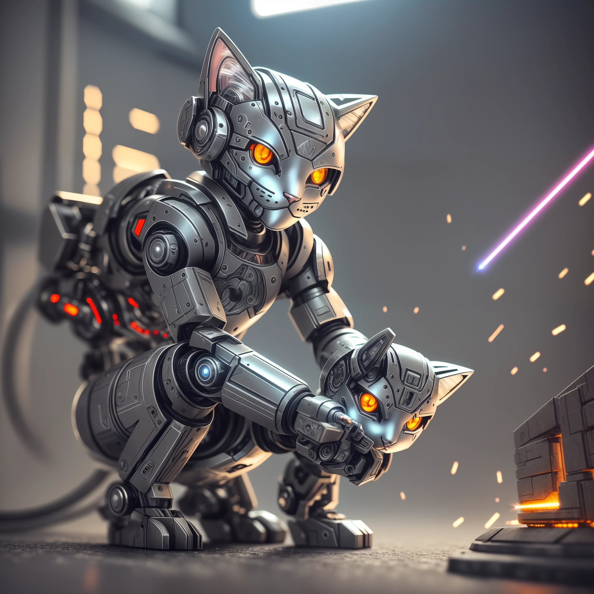 A cute kitten made of metal, (cyborg: 1.1), (laser cannon: 1.2), ([metal tail | Intricate metal blade]: 1.3), (intricate detail: 1.2), HDR, (intricate detail, hyperdetail: 1.2), cinematic lens, vignette, centered