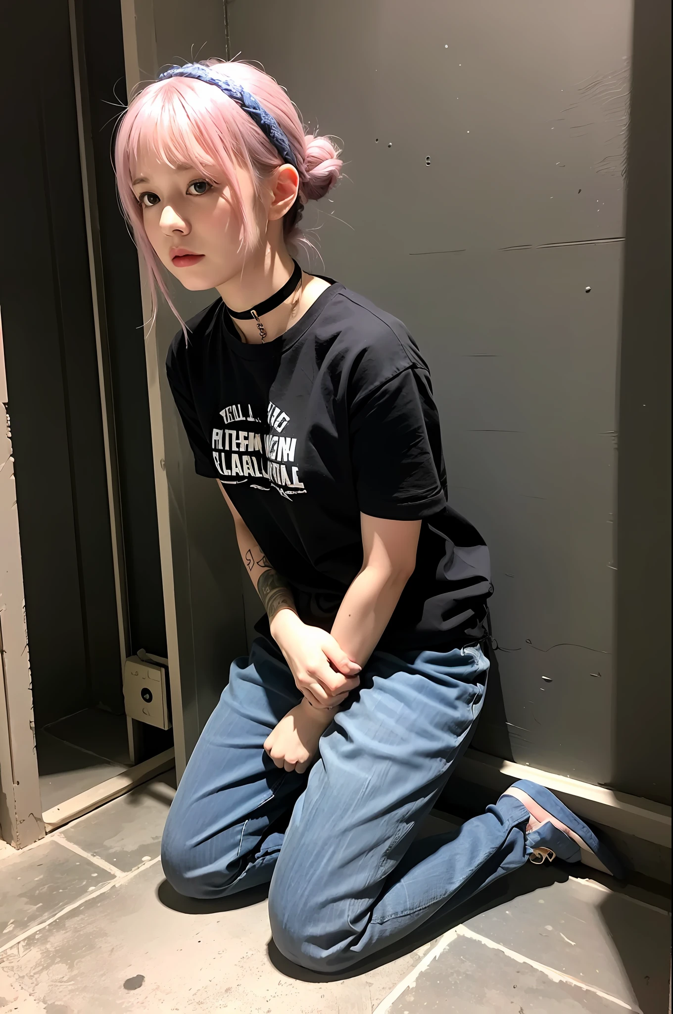 (8k:1.27), best quality, masterpiece, ultra highres:1.2), arrested lesbian goth delinquent girl with arm tattoos, tattooed girl, full body picture, blue oversized knotted prisoner t-shirt, short big sleeves, blue short inmate pants tied with a rope, dyed pink hair, short bob hairstyle, back pink bun, hair bangs, kneeling in a prison cell, handcuffed, hands tied with rope behind body, submissive neck choker and leash in neck, 4k or 8k picture, looking down sad, paisley bandana ribbon hairband, nose septum piercing, wearing dirty old clothes, smelly, barefoot, praying