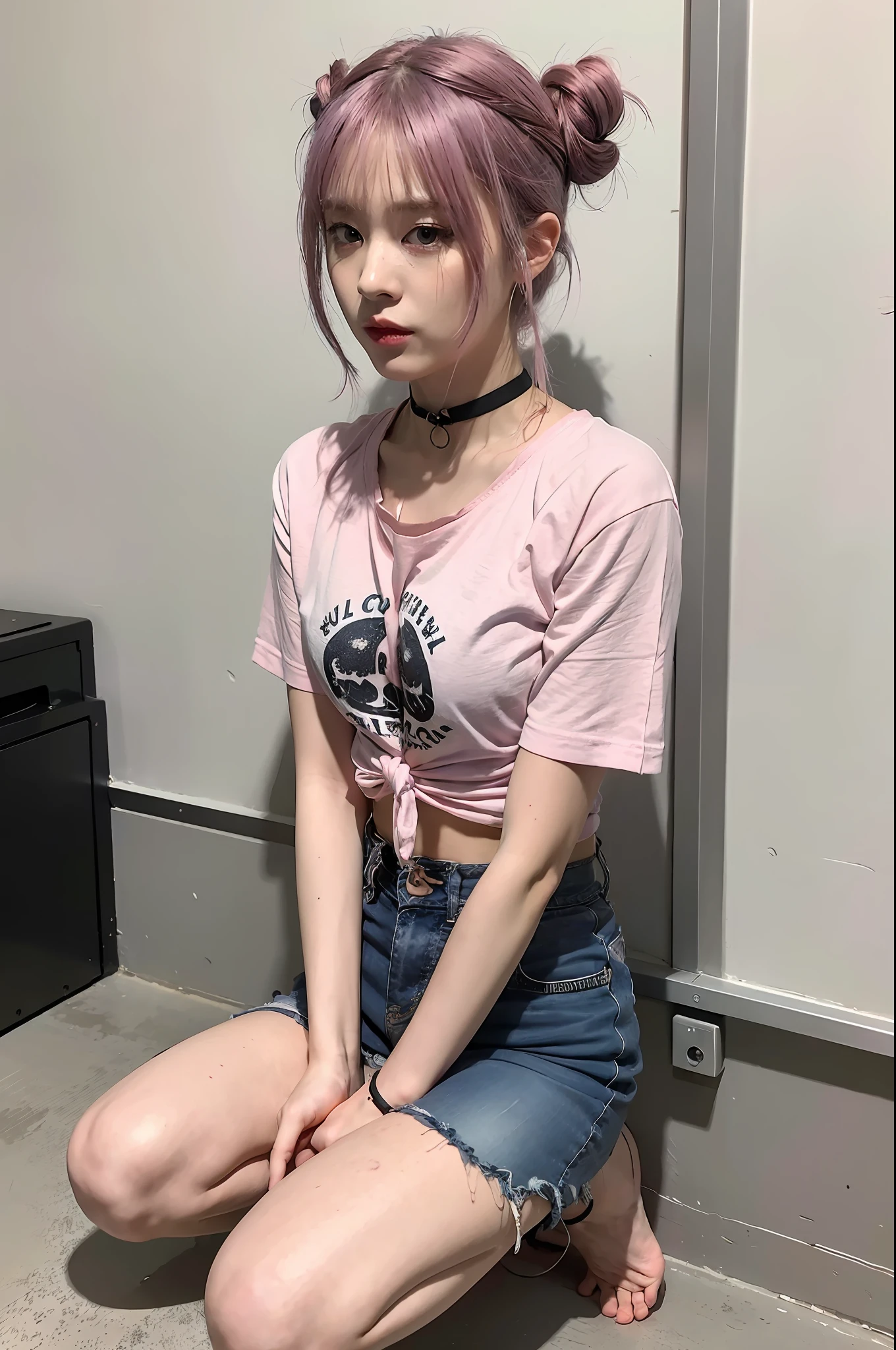 (8k:1.27), best quality, masterpiece, ultra highres:1.2), arrested lesbian goth delinquent girl with arm tattoos, tattooed girl, full body picture, blue oversized knotted prisoner t-shirt, short big sleeves, blue short inmate pants tied with a rope, dyed pink hair, short pink bob hairstyle, back pink bun, pink hair bangs, kneeling in a prison cell, handcuffed, hands tied with rope behind body, submissive neck choker and leash in neck, 4k or 8k picture, looking down sad, paisley bandana ribbon hairband, nose septum piercing, wearing dirty old clothes, smelly, barefoot, praying