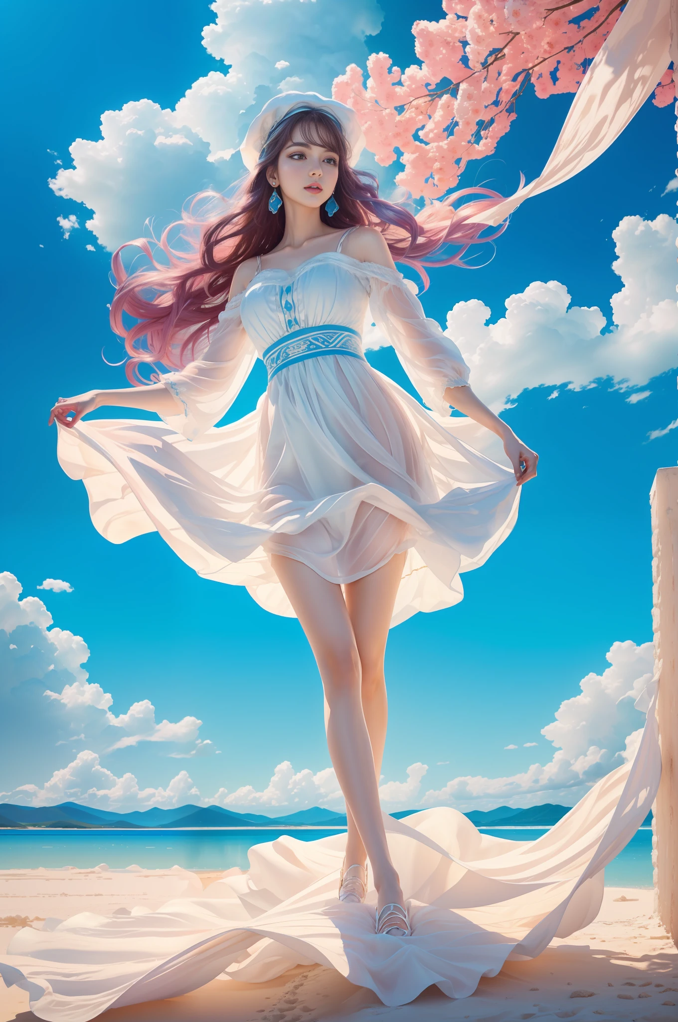 (8k, RAW photo, photorealistic:1.25, Masterpiece) ,( lip gloss, eyelashes, glossy side, shiny skin, best quality, ultra-high resolution, depth of field, chromatic aberration, caustic, wide light, natural shadow, headwear, Kpop idol) ,light pink and blue style, 1girl, (blue sky: 1.5), tall and thin beauty goddess, flowing dress, conservative girl, cloud goddess, flowing white fabric, Wearing a flowing dress, realistic, (background with blue sky and white clouds: 1.4), (wind: 1.5), (full body: 1.5), add_detail,