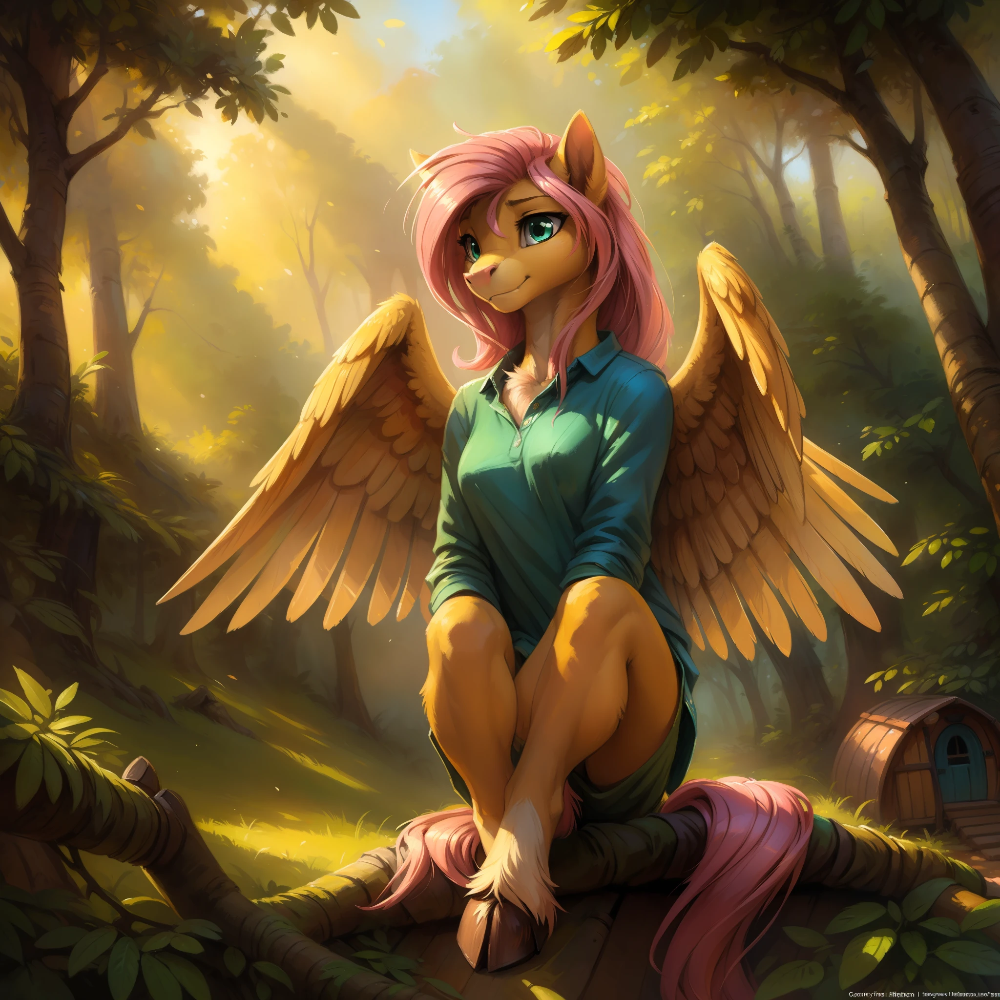 (((solo))), (8k, best quality, masterpiece), My Little Pony: Friendship is Magic, awesome and detailed epic portrait of a anthro female pony pegasus Fluttershy winged, a pair of two yellow proportional wings, solo character, kenket, zaush, Ross Tran, ruan jia, averi trending on artstation, yellow fur, golden body, epic pose, green clothes, big teal eyes, shy, pink mane, one pink tail, big hooves, looking at the camera, forest hut background, posted on e621