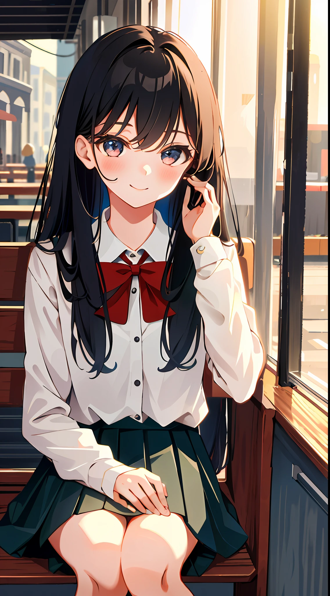 8K, Best Quality, Masterpiece: 1.2) , Super Detail, 1 Girl, Cute, Indie, Beautiful Details Sky, Detail Cafe, Evening, Sit Down, Dating, (Nose Red) , Sweet Smile, (Smile: 1.15) , (Shut Up) Small Tits, Small Beautiful Detail Eyes , Night, Wet, School Uniform, Long Hair, Flowing Hair,