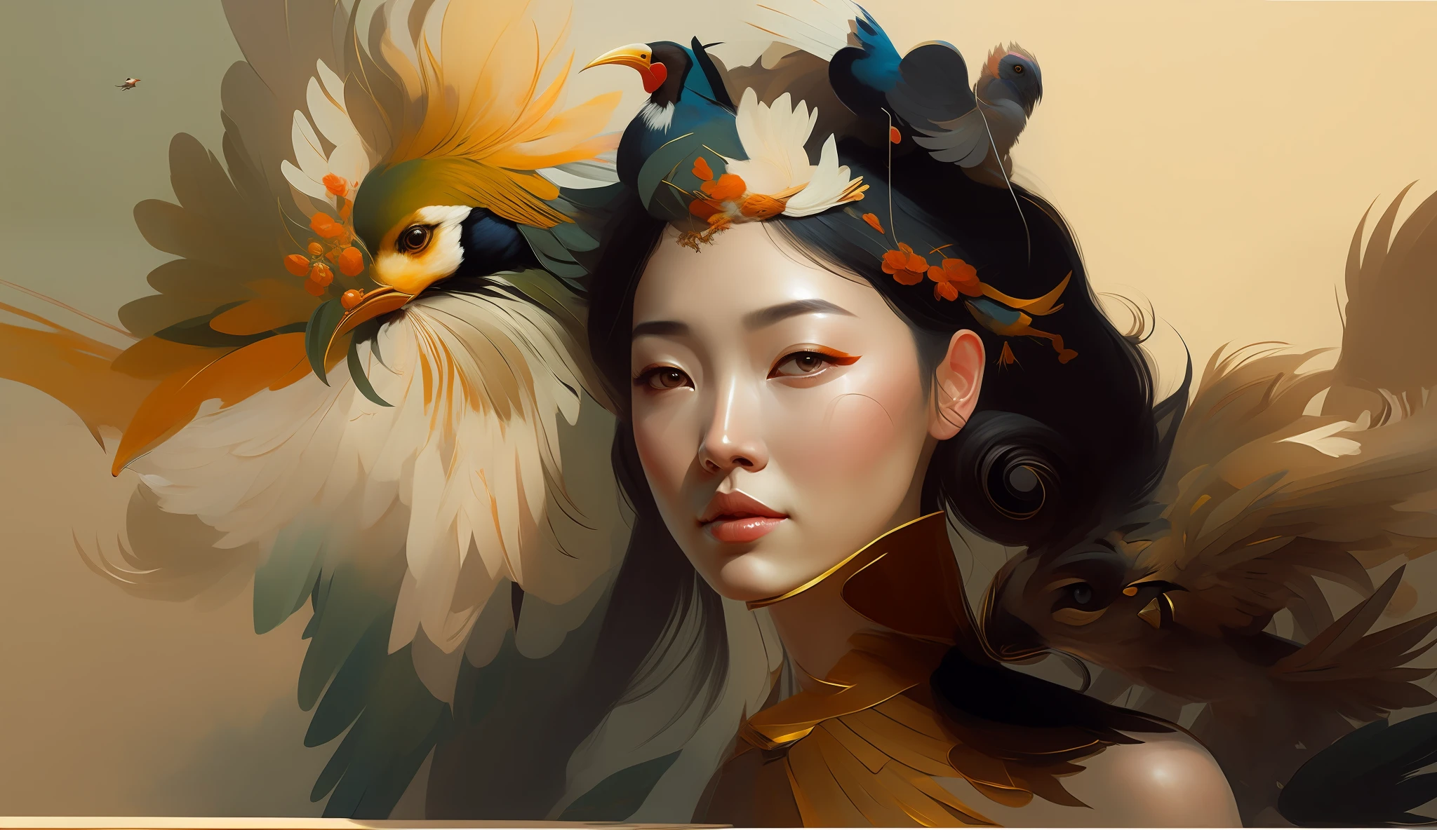 painting of a woman with a bird on her head and a bird on her head, artgerm and ruan jia, ruan jia and artgerm, inspired by Pu Hua, by Yang J, beautiful character painting, g liulian art style, inspired by Lan Ying, inspired by Ju Lian, artgerm and atey ghailan, by Li Song