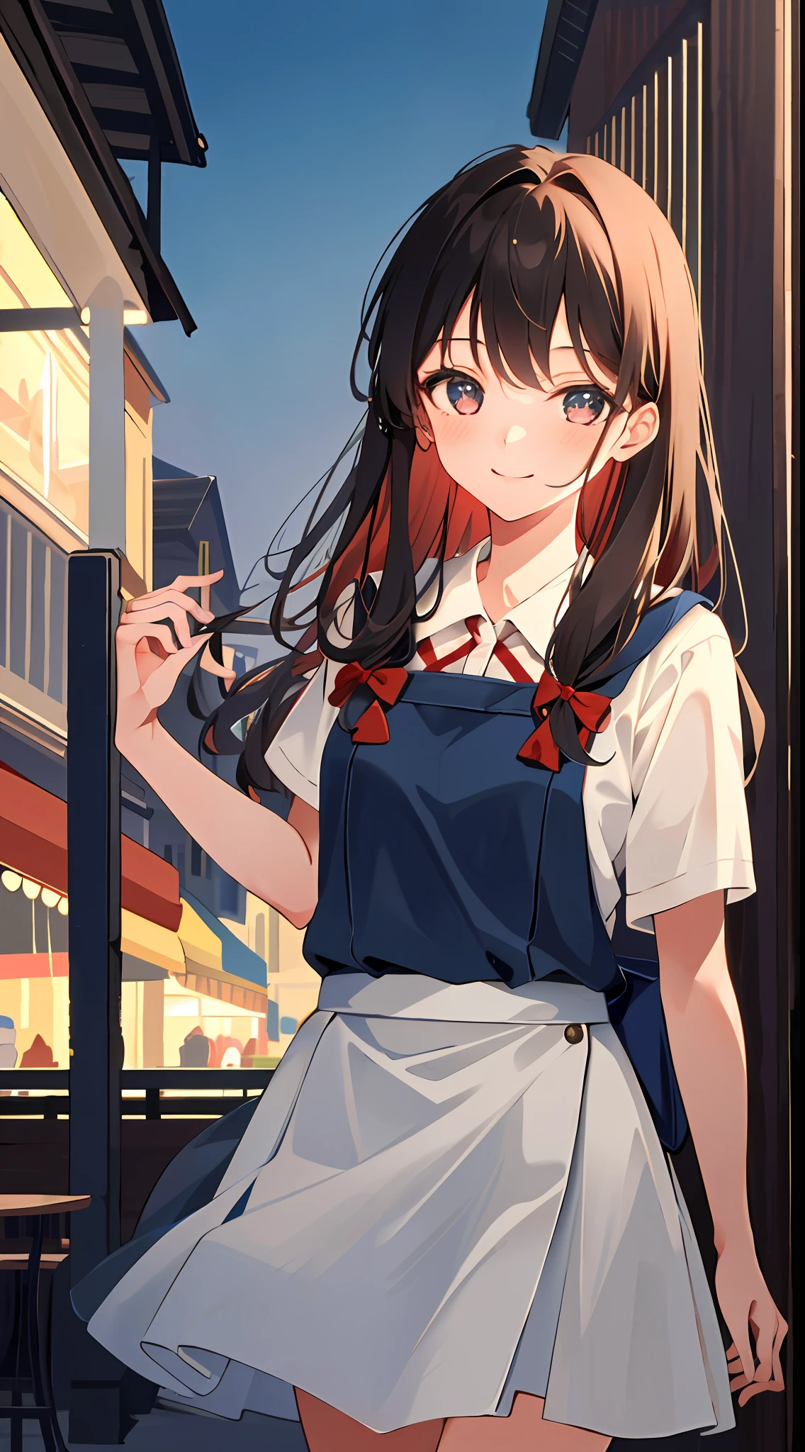 8K, Best Quality, Masterpiece: 1.2) , Super Detail, 1 Girl, Cute, Indie, Beautiful Details Sky, Detail Cafe, Evening, Sit Down, Dating, (Nose Red) , Sweet Smile, (Smile: 1.15) , (Shut Up) Small Tits, Small Beautiful Detail Eyes , Night, Wet, School Uniform, Long Hair, Flowing Hair,