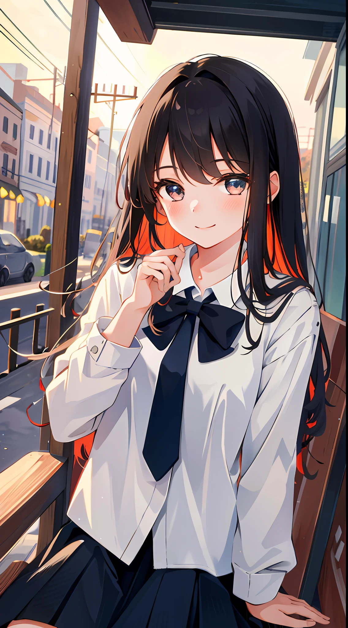 8K, Best Quality, Masterpiece: 1.2) , Super Detail, 1 Girl, Cute, Indie, Beautiful Details Sky, Detail Cafe, Evening, Sit Down, Dating, (Nose Red) , Sweet Smile, (Smile: 1.15) , (Shut Up) Small Tits, Small Beautiful Detail Eyes , Night, Wet, School Uniform, Long Hair, Flowing Hair,