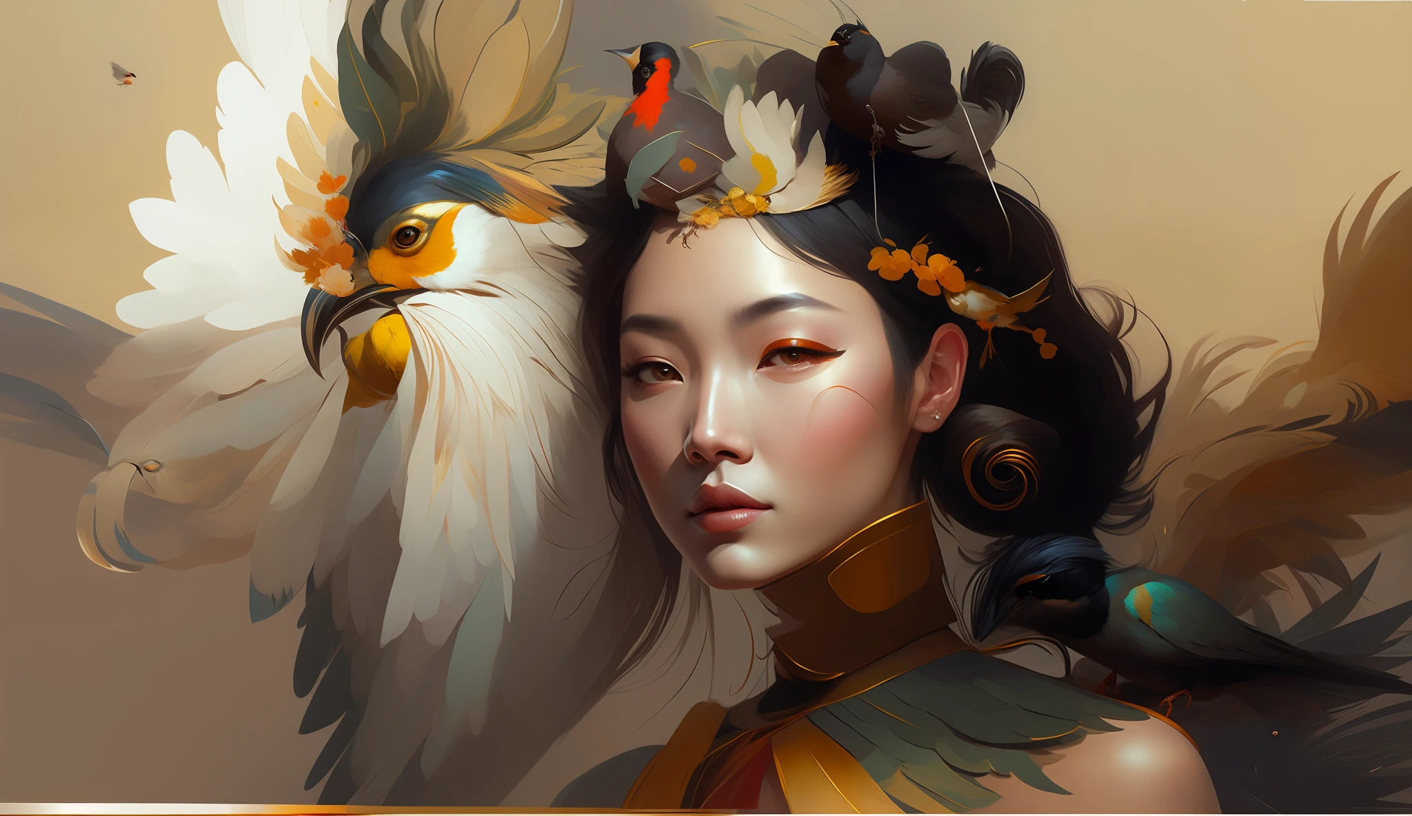 painting of a woman with a bird on her head and a bird on her head, artgerm and ruan jia, ruan jia and artgerm, inspired by Pu Hua, by Yang J, beautiful character painting, g liulian art style, inspired by Lan Ying, inspired by Ju Lian, artgerm and atey ghailan, by Li Song