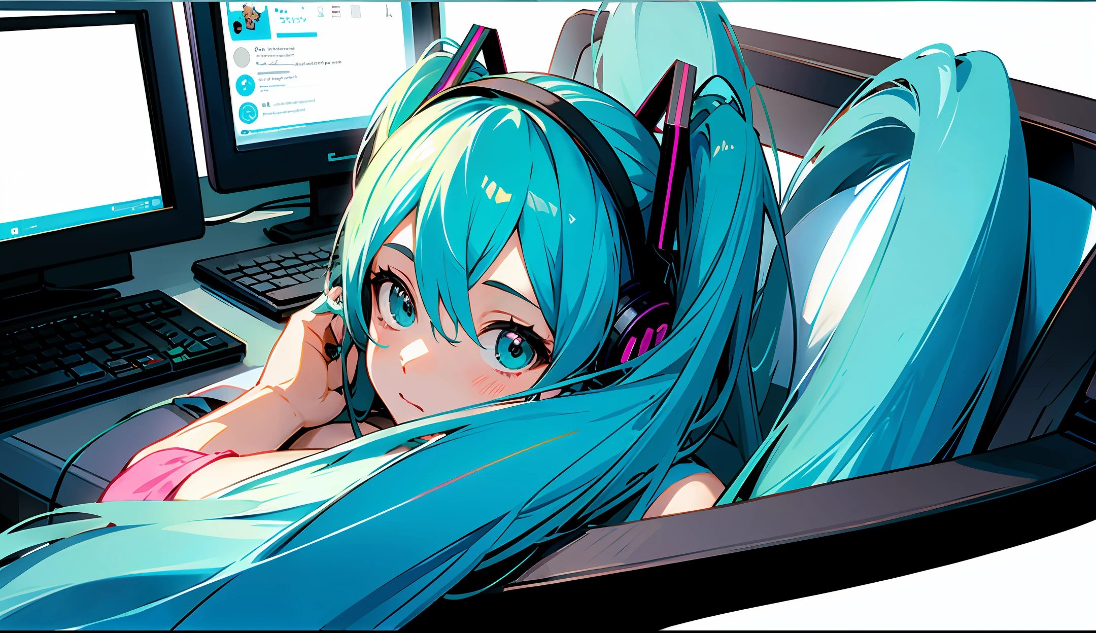 Hatsune Miku wearing headphones while watching something on his computer
