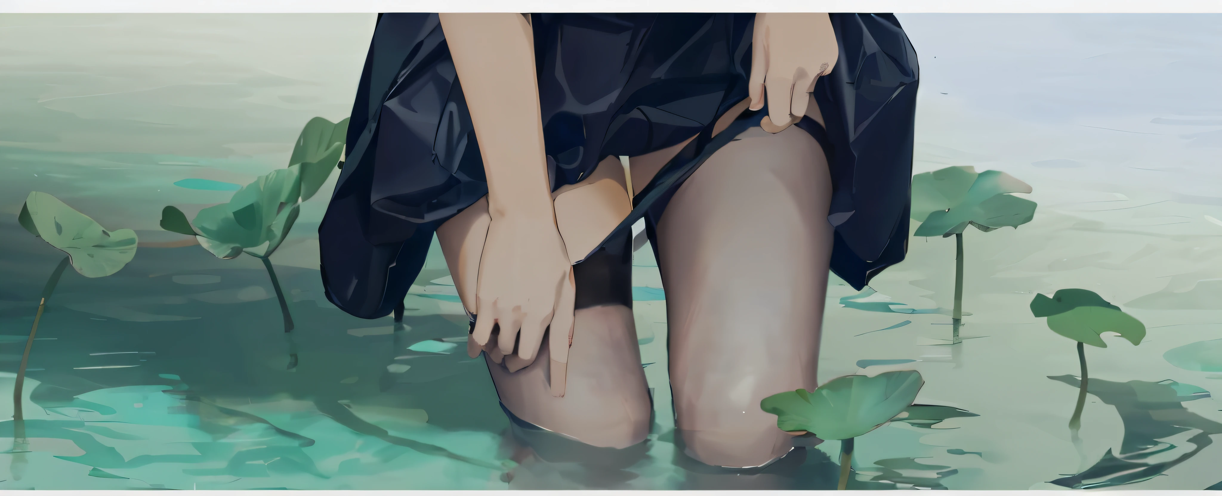 there is a woman in a black dress and stockings standing in water, anime girl walking on water, the anime girl is crouching, clean detailed anime art, beautiful anime girl squatting, makoto shinkai. high detail, giantess art, made with anime painter studio, guweiz, painted in anime painter studio, in a pond, wallpaper anime blue water