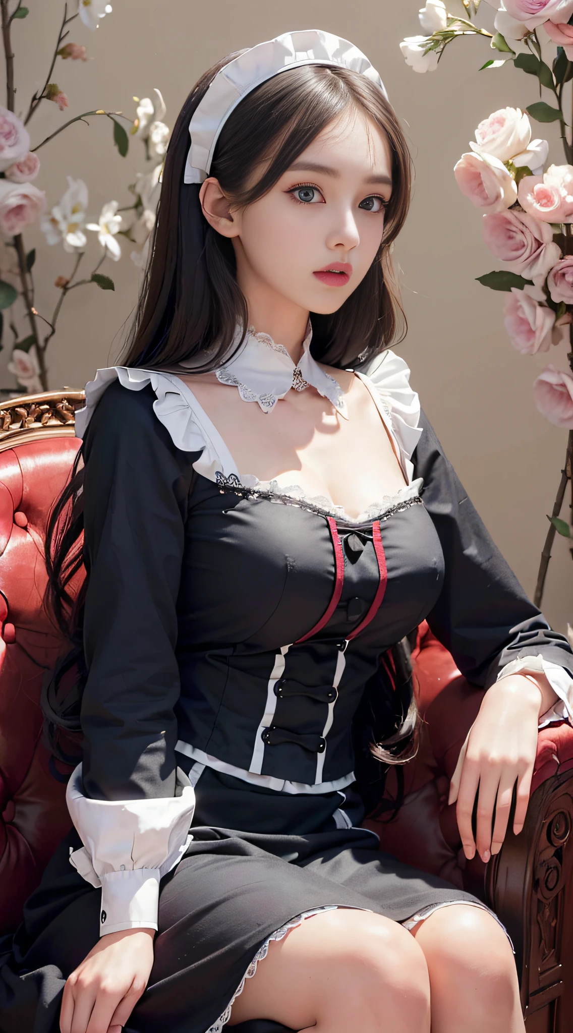 ((english maid uniform for women))(surreal), (illustration), (high resolution), (8K), (very detailed), (best illustration), (beautifully detailed eyes), (highest quality), ( very detailed), (masterpiece), (wallpaper), (detailed face), solo, (dynamic pose), 1 (( virgin)), wavy longhair on chair,Caucasian , small under eyes moles, long legs,((very huge breasts))