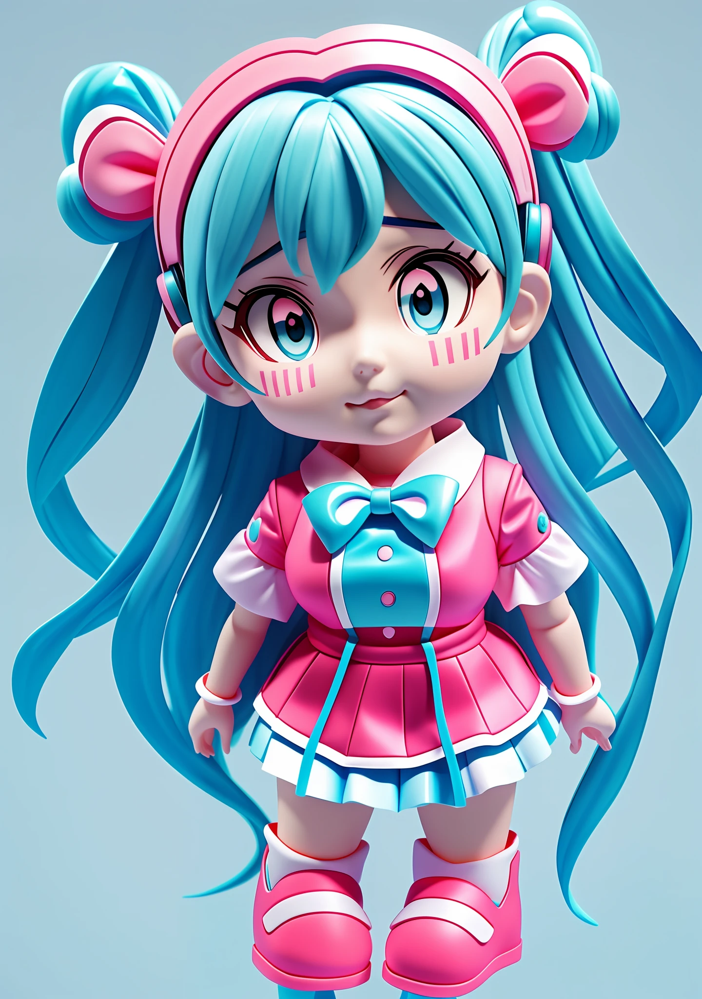 Close up of a doll in pink dress and blue hair, anime style 3D, stylized anime, cute 3d anime girl rendering, pink two-tailed hair and cyan eyes, anime stylization, miku, cute 3d rendering, 3d anime girl, hatsune miku portrait, hatsune miku portrait, anime style. 8K, nose remodeling