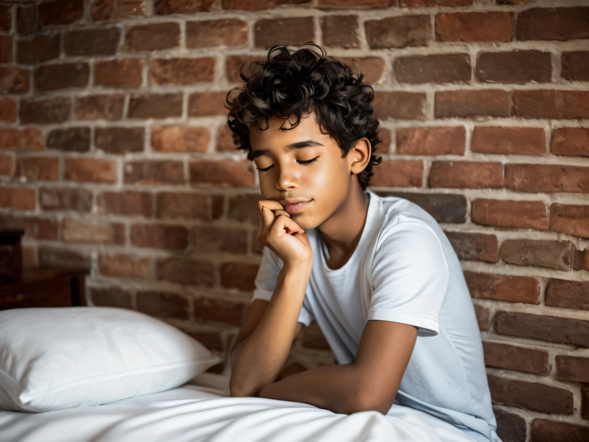 Portrait of a young man of 14 years handsome, beautiful face perfect petit , he is happy, very beautiful,black Brazilian, wavy black hair, dark skin, praying eyes closed, in bed, (when humble, walls appearing the bricks, simple and old house, old pillows, very blurred background, clear: 1.2)