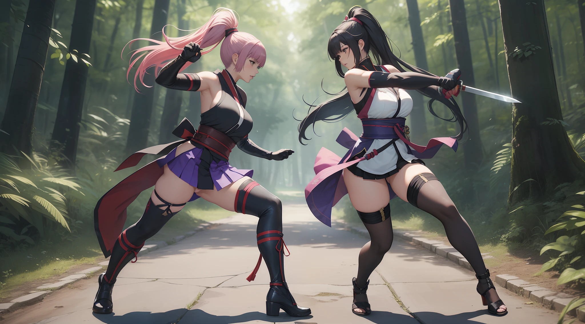 Full body shot of two female character from Dead or Alive game. Kasumi versus Ayane, 1 versus 1, fighting in a fierce duel death match with short swords, weapon with serious expression. One of them take lethal slash and wounded. They have long loose hairstyle. They are wearing different color of traditional sleeveless kimono, proper skirt, an obi tied on back hip. Both of them are wearing a pair of thin long black elbow gloves, a pair of 100% black thigh highs, and black shoes. Background set in a lush forest.