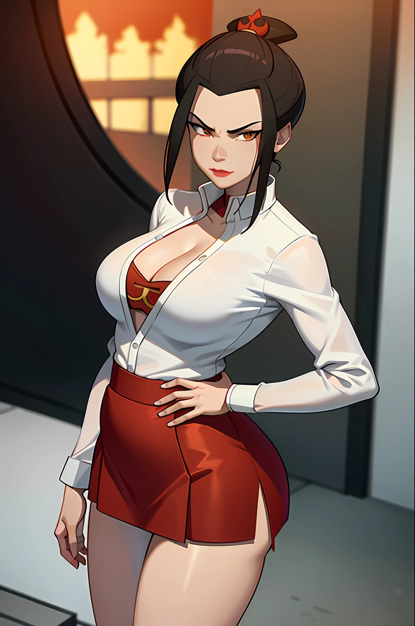 Masterpiece, Best Quality, Solo, 1girl, azula, closed mouth, smirk, makeup, cleavage, (white shirt, miniskirt), wide hips, ass, big ass. standing, legs apart, lipstick, looking at the viewer, fire, simple background, erotica, gyaru, girl-whore