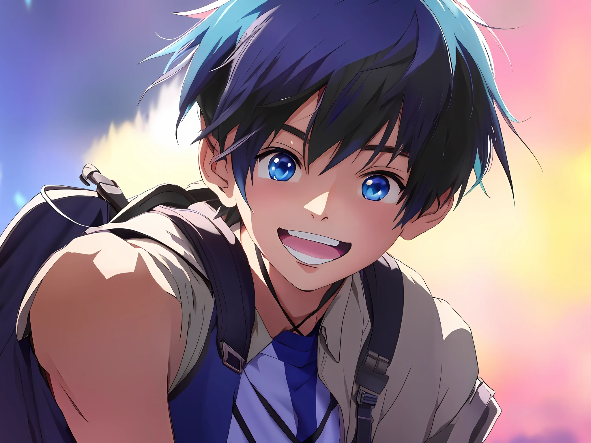 anime boy with blue hair and backpack looking at camera, anime moe artstyle, anime boy, high quality anime artstyle, made with anime painter studio, anime style 4 k, 2 d anime style, anime art wallpaper 8 k, painted in anime painter studio, digital anime art!!, tall anime guy with blue eyes, smooth anime cg art, anime artstyle